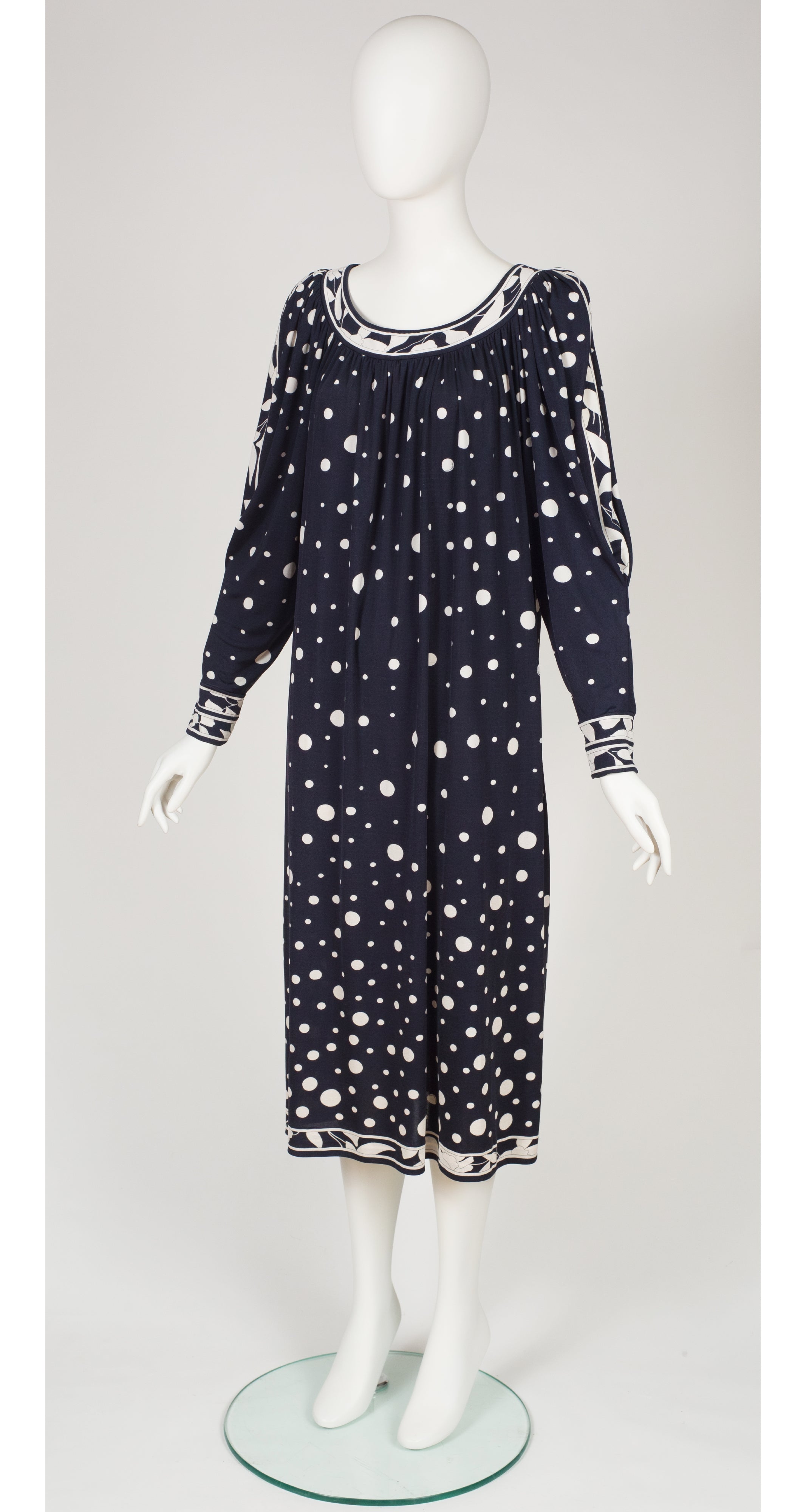 1980s Polka Dot Navy Silk Border Print Jersey Dress