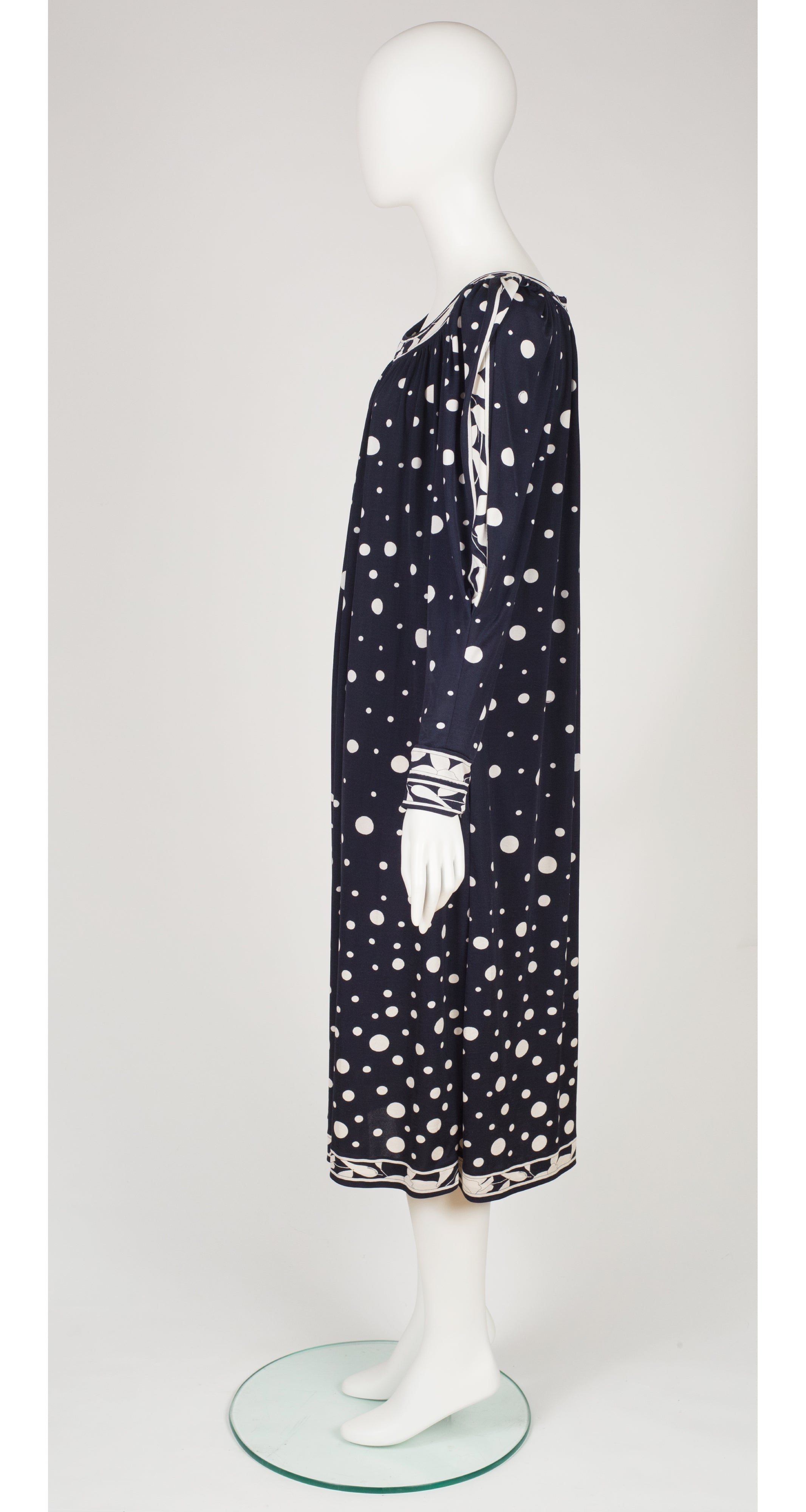 1980s Polka Dot Navy Silk Border Print Jersey Dress