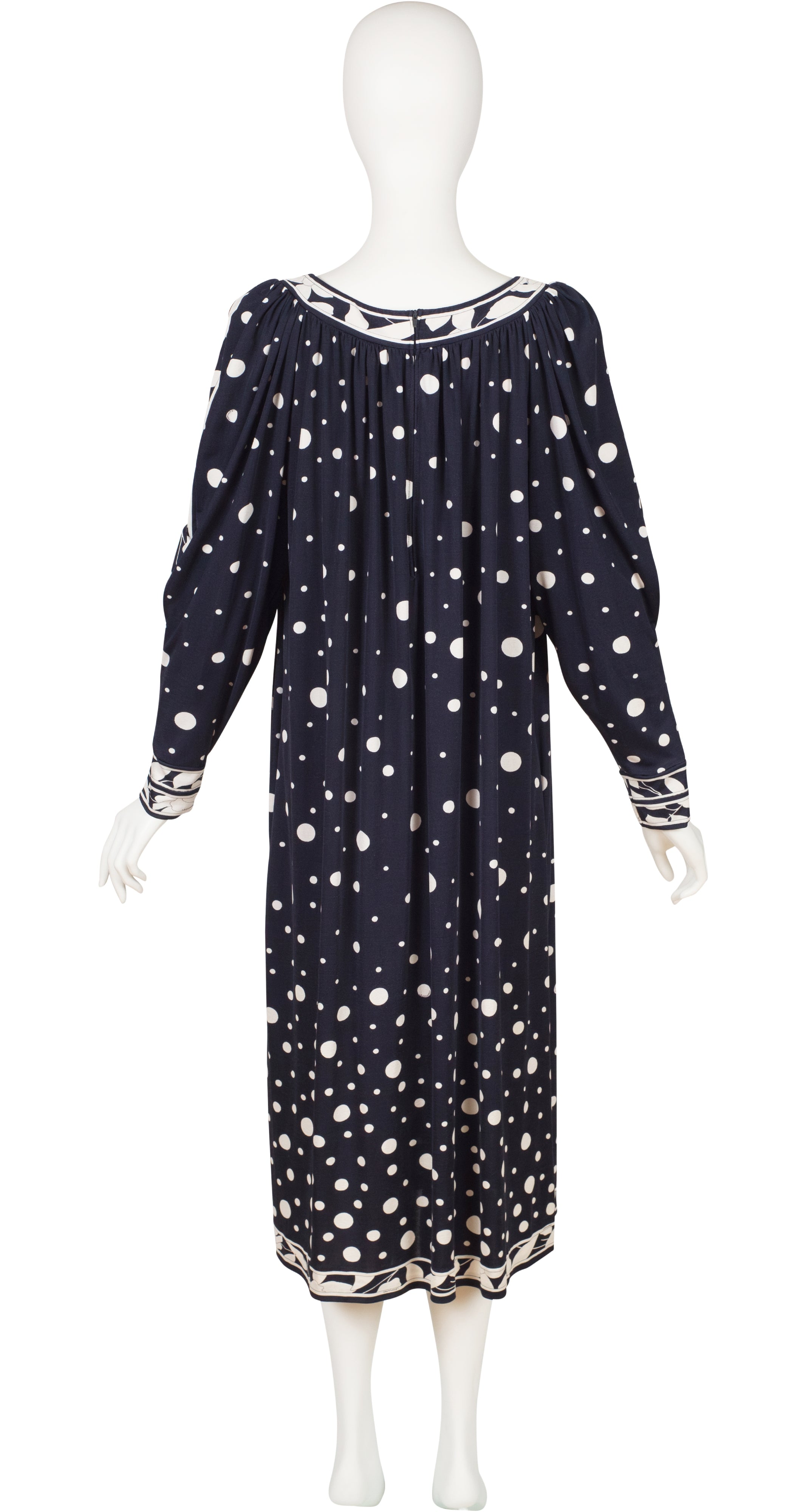 1980s Polka Dot Navy Silk Border Print Jersey Dress