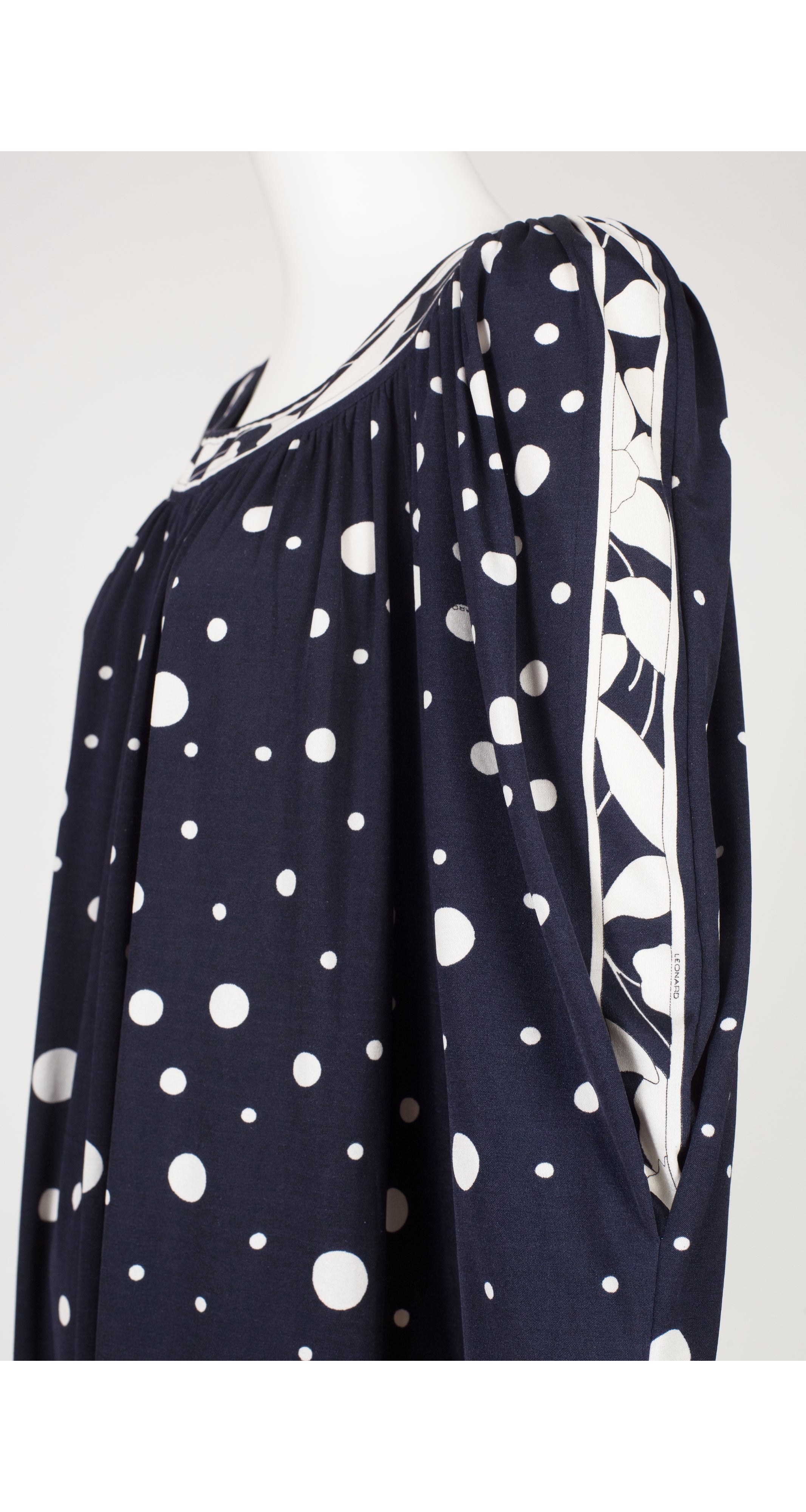 1980s Polka Dot Navy Silk Border Print Jersey Dress
