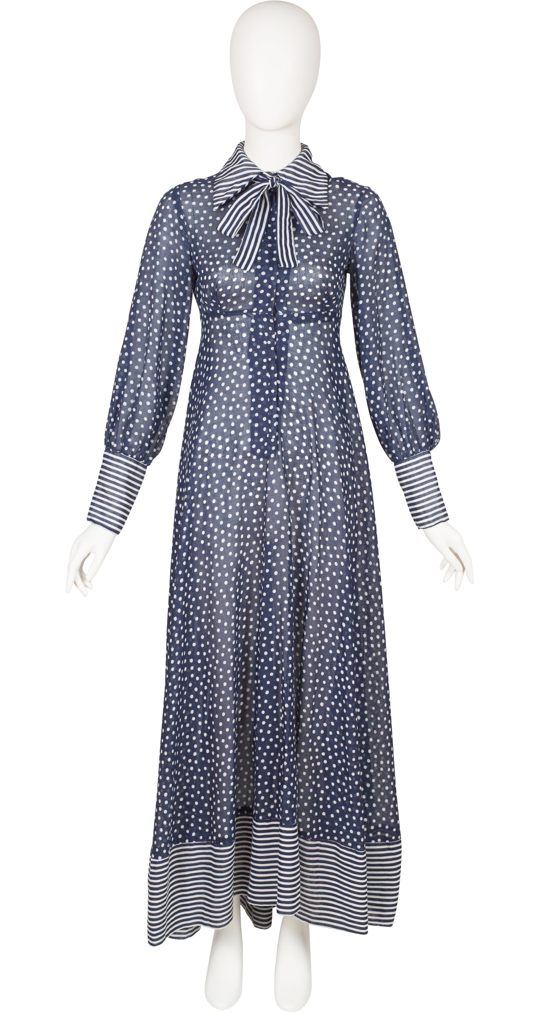 1970s Polka Dot Navy Cotton Voile Collared Maxi Dress
