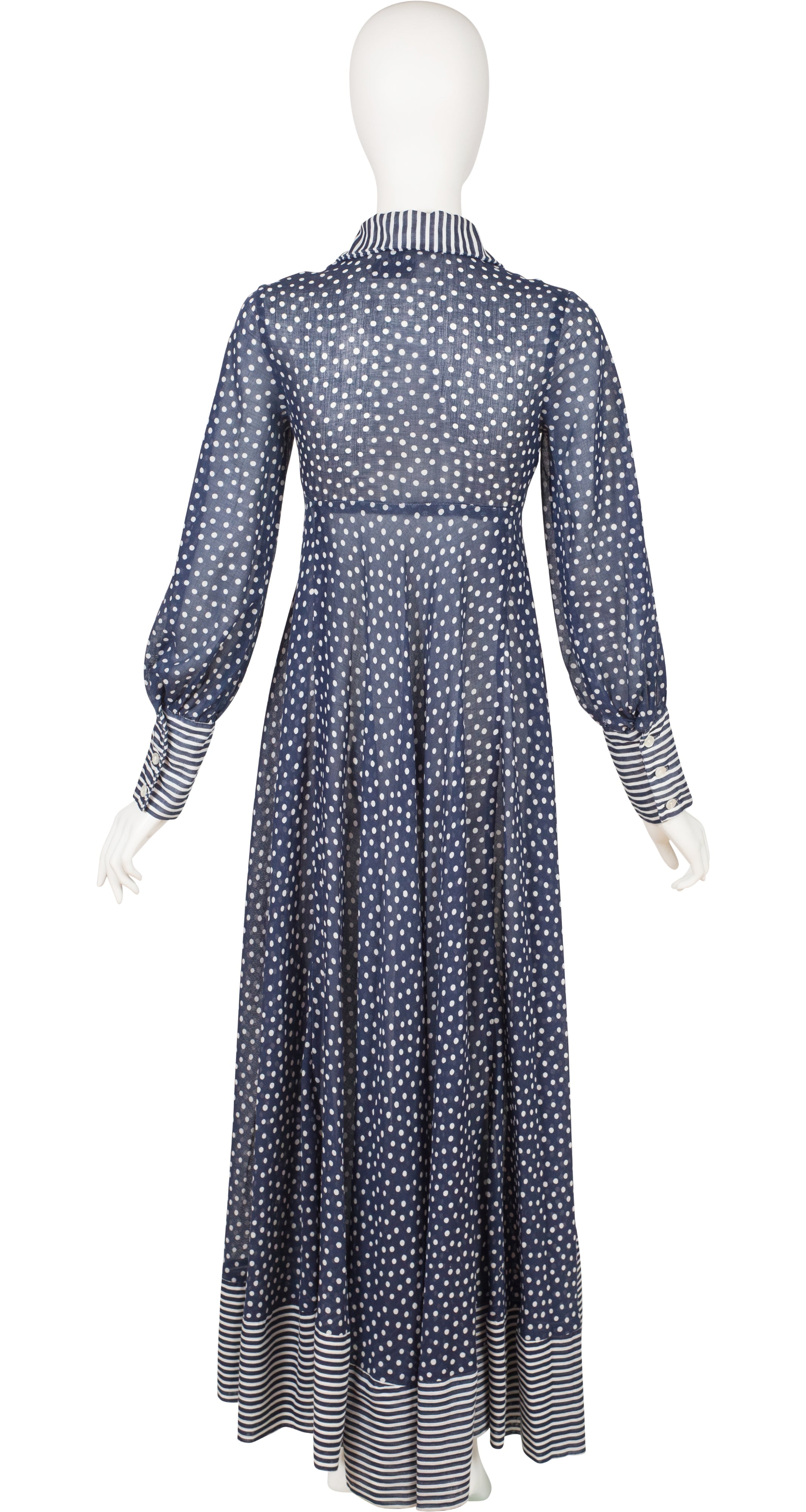 1970s Polka Dot Navy Cotton Voile Collared Maxi Dress