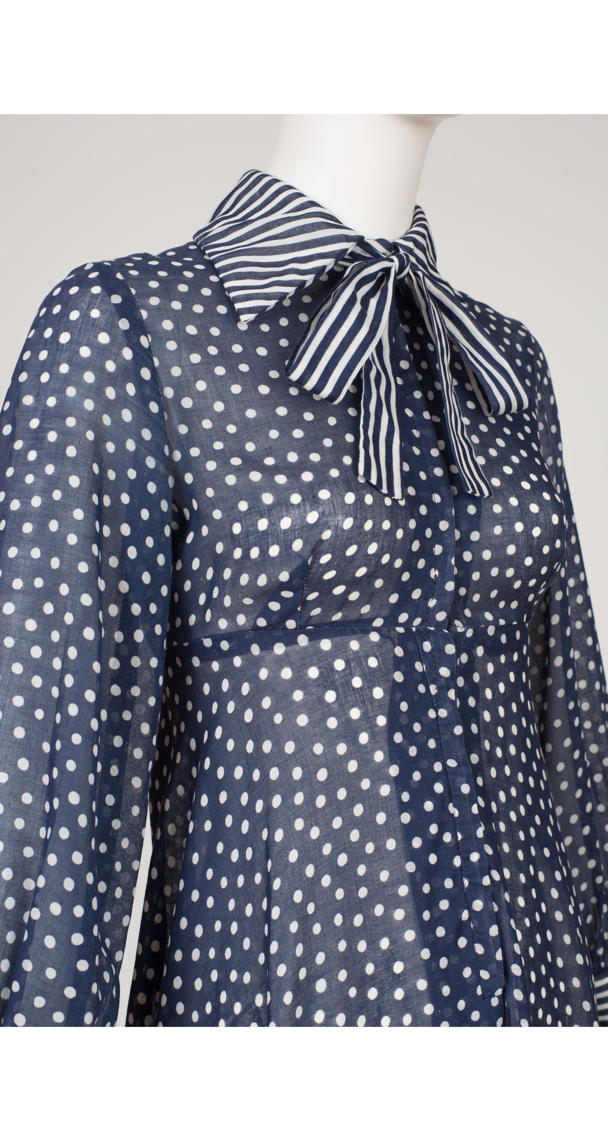 1970s Polka Dot Navy Cotton Voile Collared Maxi Dress