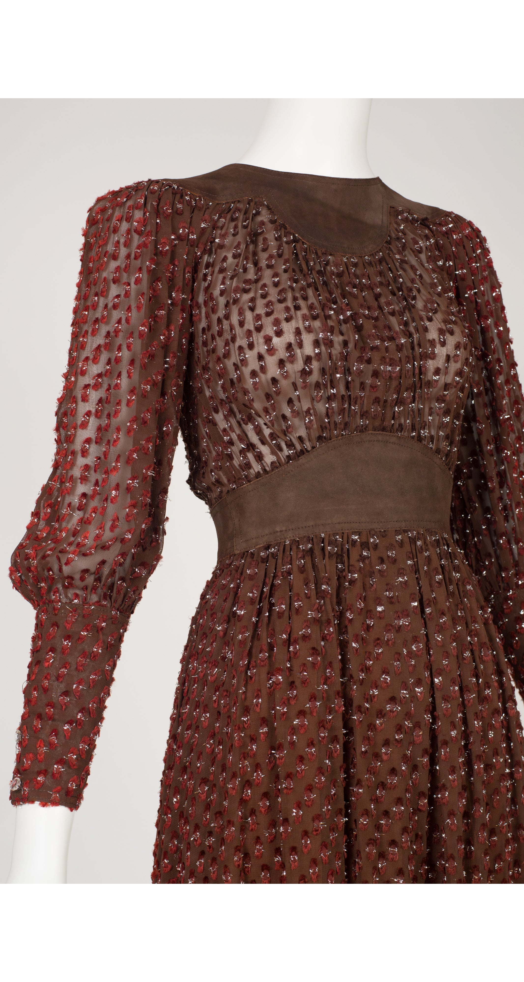 1974 Silver Lurex Brown Chiffon Suede Trim Gown