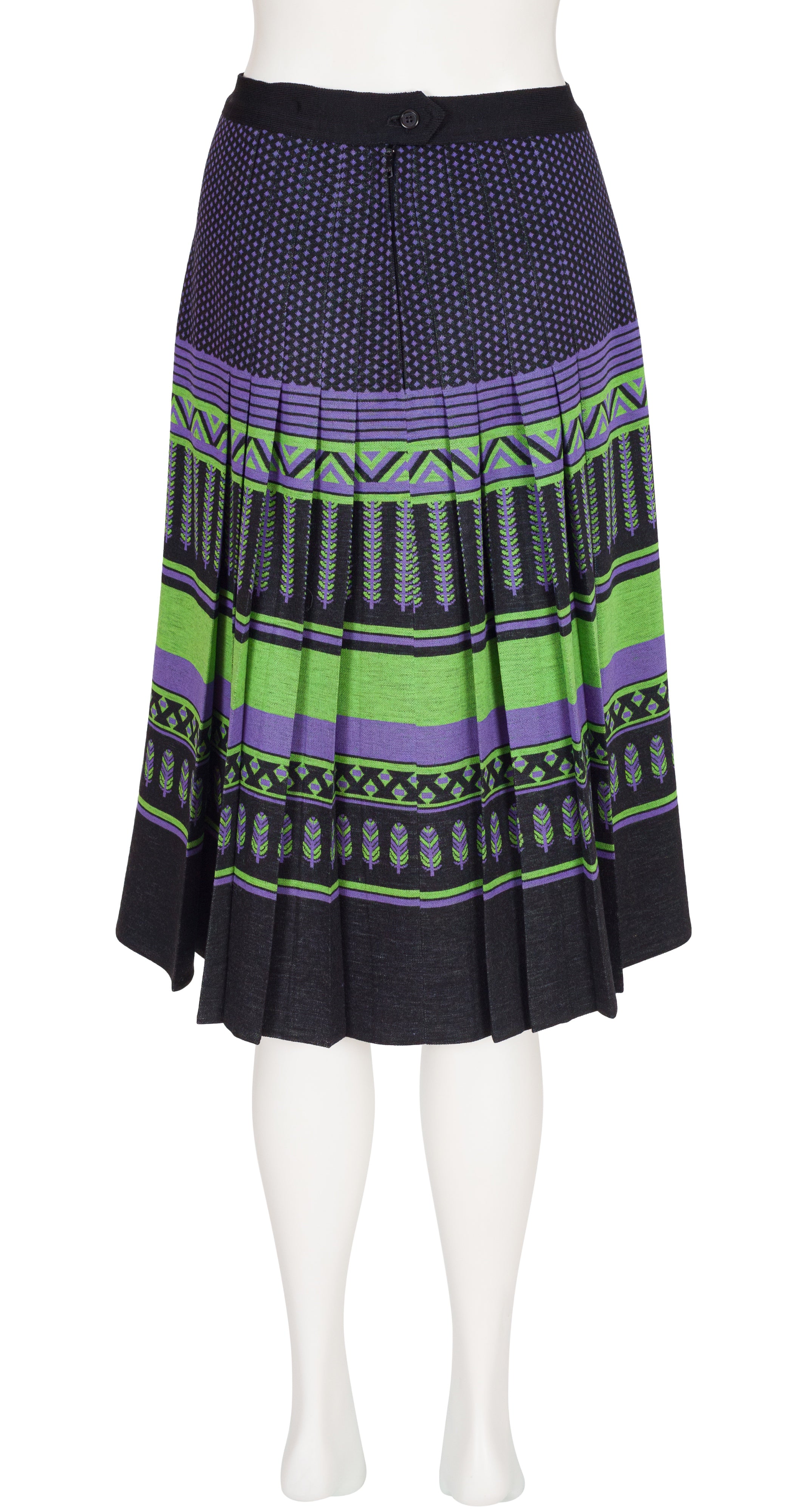 1973-74 F/W Feather Geometric Print Black Wool Jersey Pleated Skirt