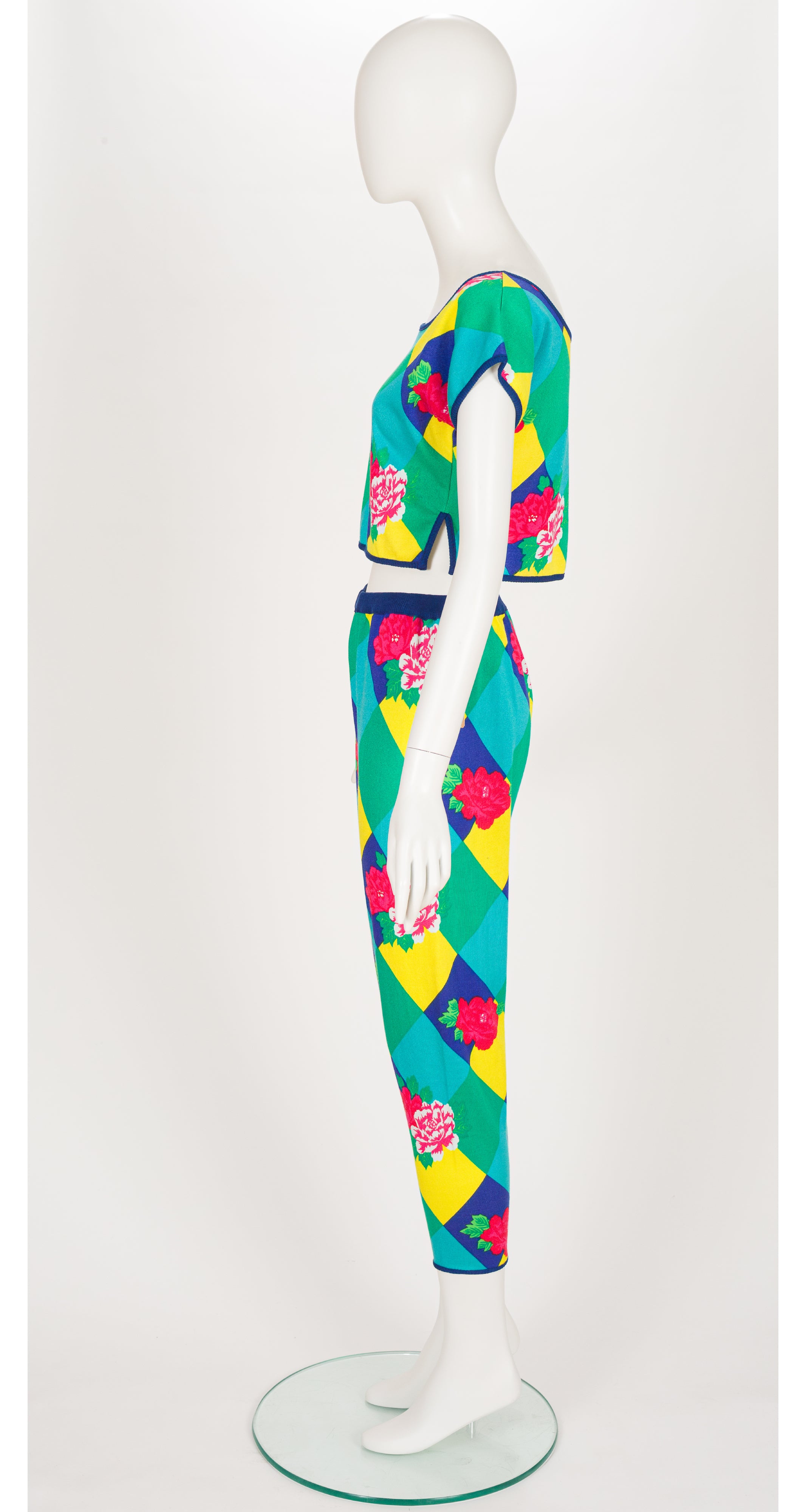 1986 S/S NWT Floral Harlequin Knit Crop Top & Pants Set