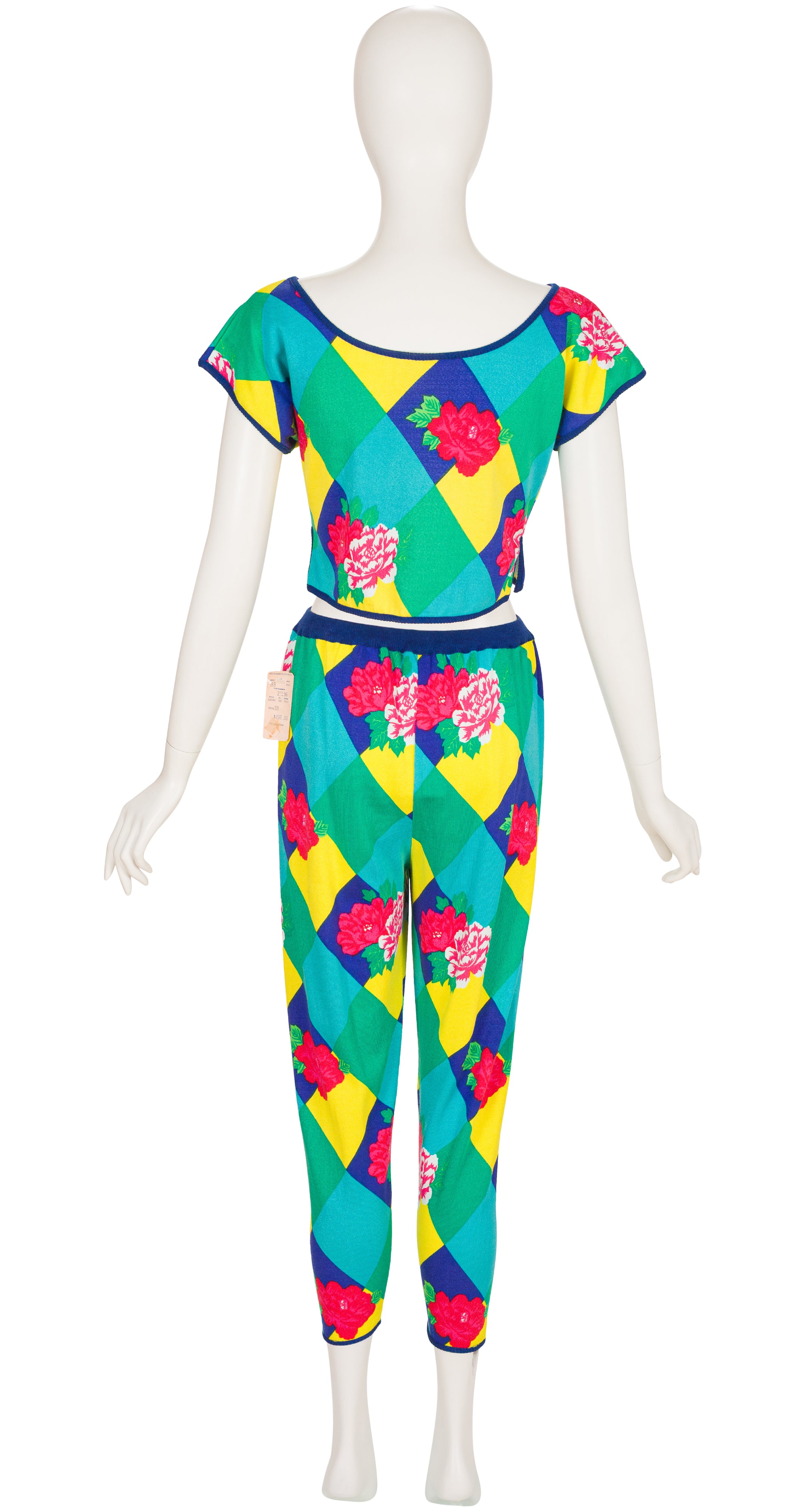 1986 S/S NWT Floral Harlequin Knit Crop Top & Pants Set