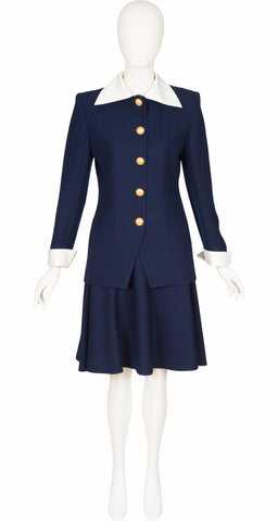 1990s Navy Blue Wool Collared Skirt Suit