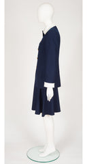 1990s Navy Blue Wool Collared Skirt Suit