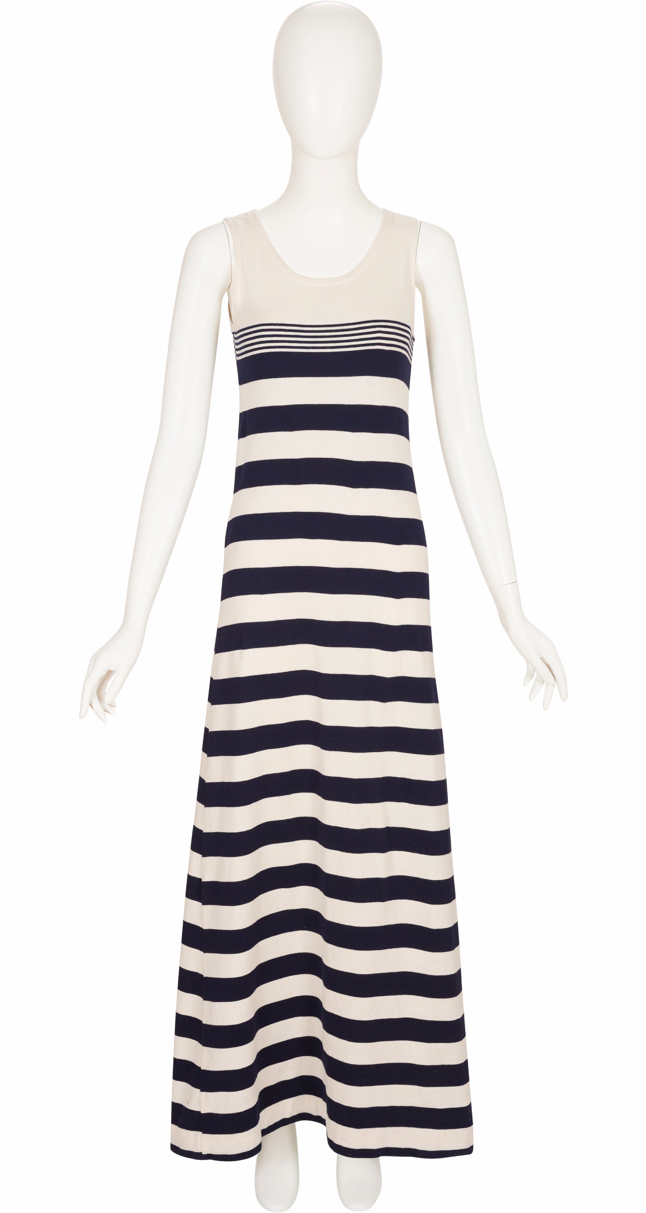 1970s Striped Cream & Navy Cotton Knit Maxi Dress