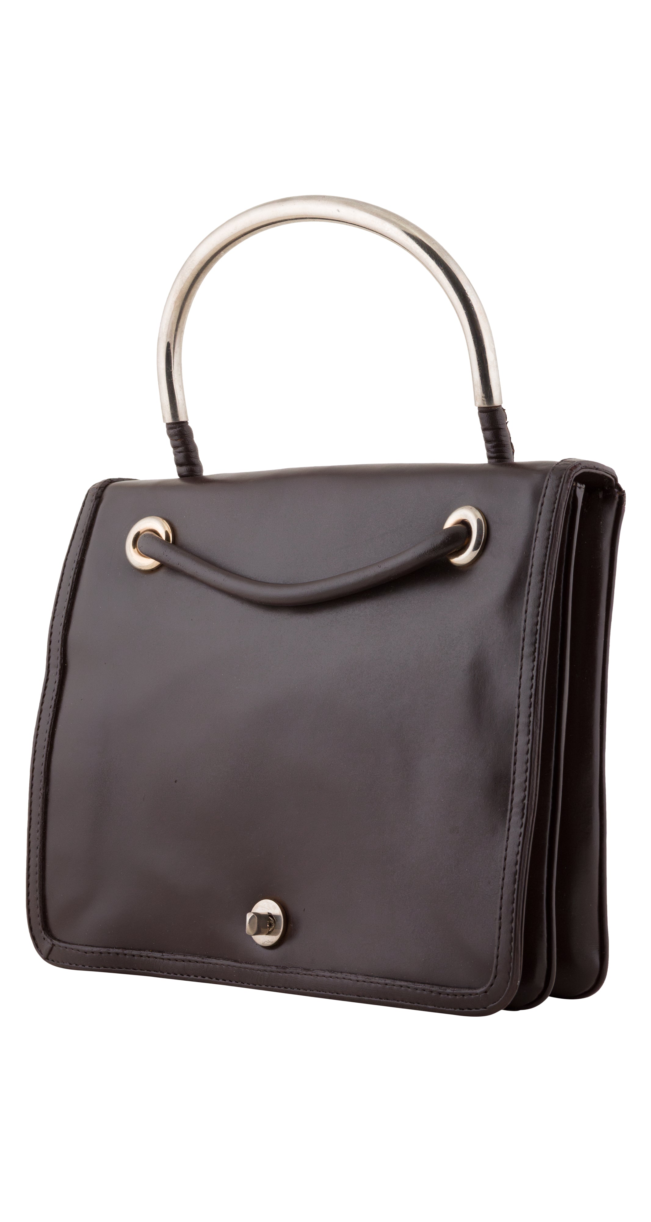 1950s Brown Leather Silver Top Handle Bag