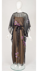 1970s Hand-Painted Floral Black Organdy Gown