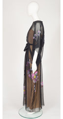 1970s Hand-Painted Floral Black Organdy Gown