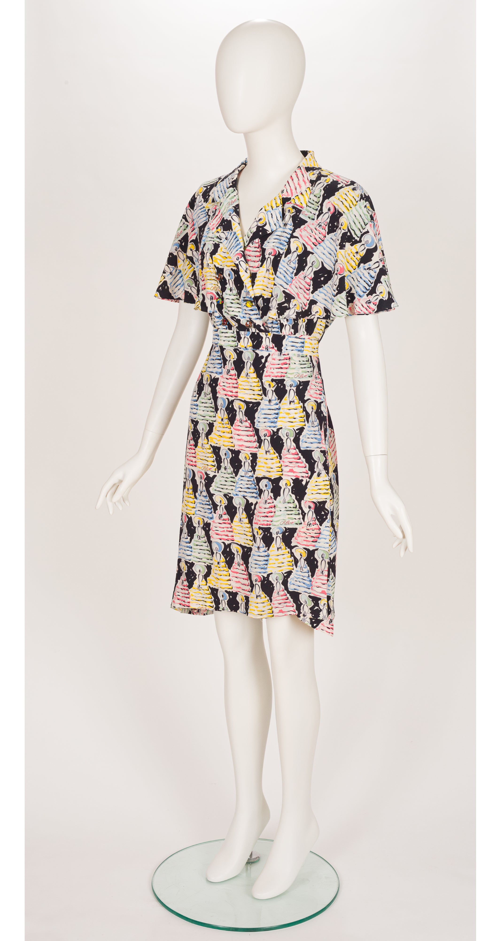 1996 S/S Runway Novelty Print Silk Capelet Dress