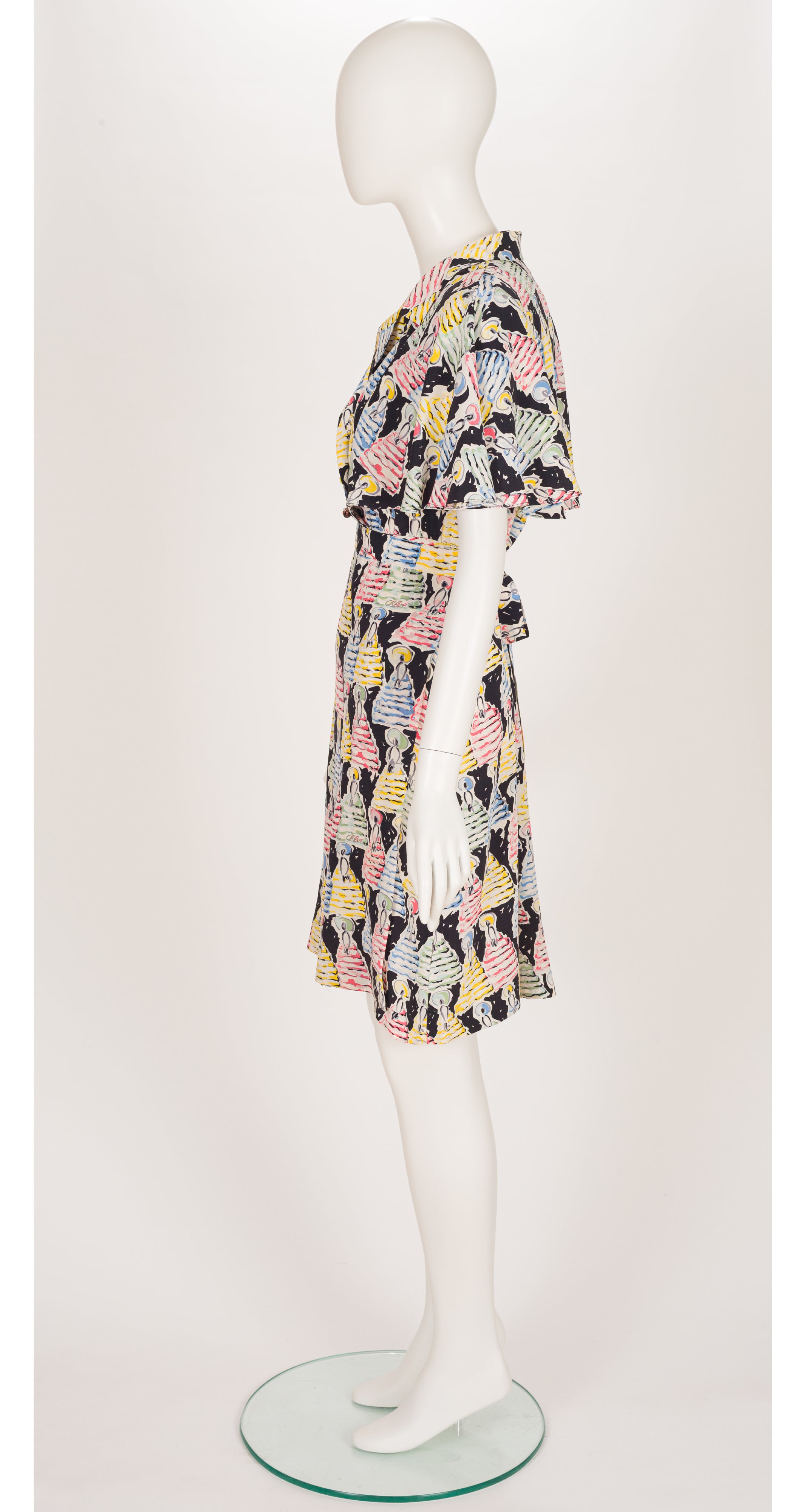 1996 S/S Runway Novelty Print Silk Capelet Dress