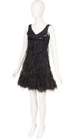 1960s Black Sequin Ostrich Feather Cocktail Dress