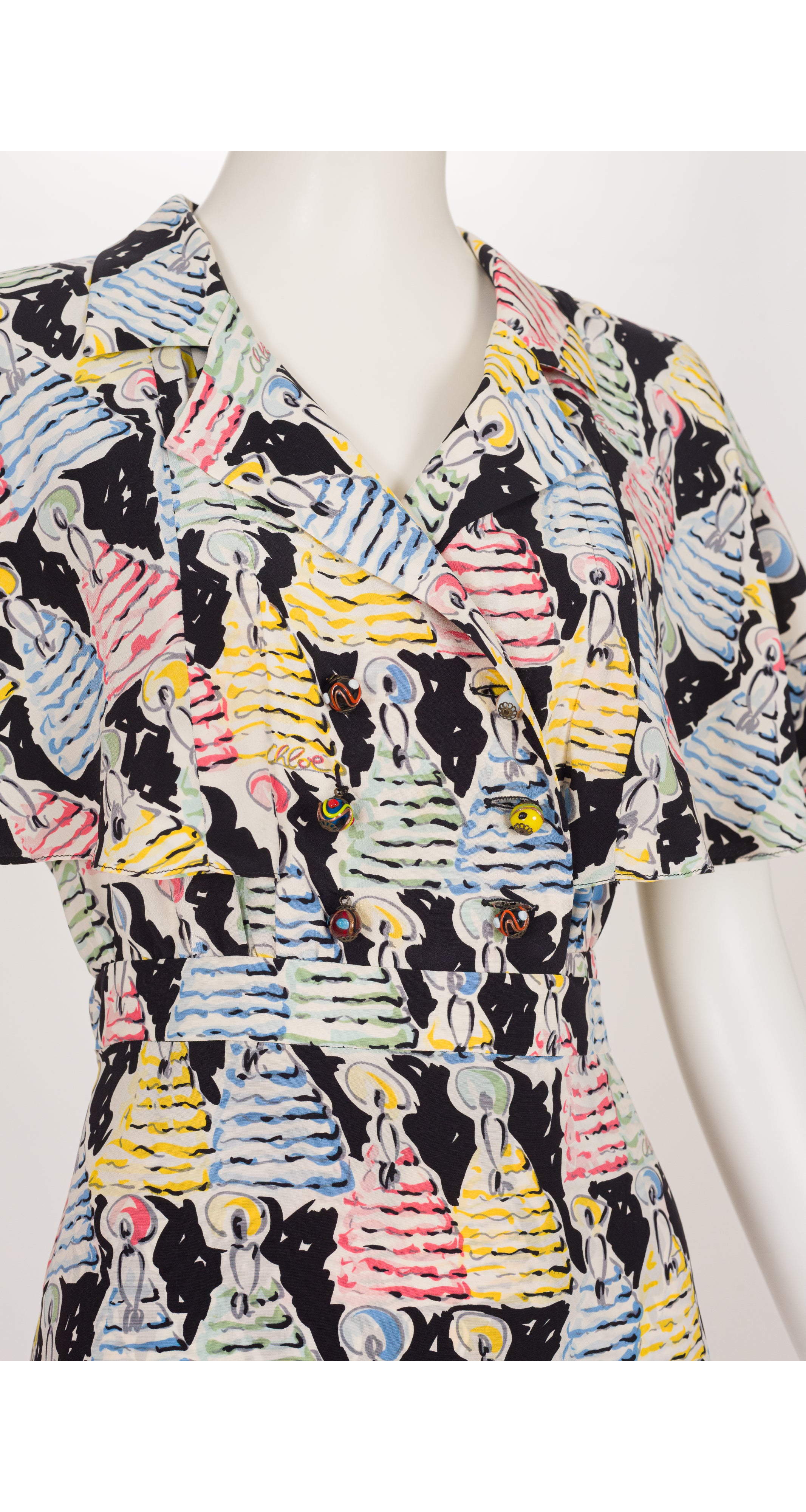 1996 S/S Runway Novelty Print Silk Capelet Dress