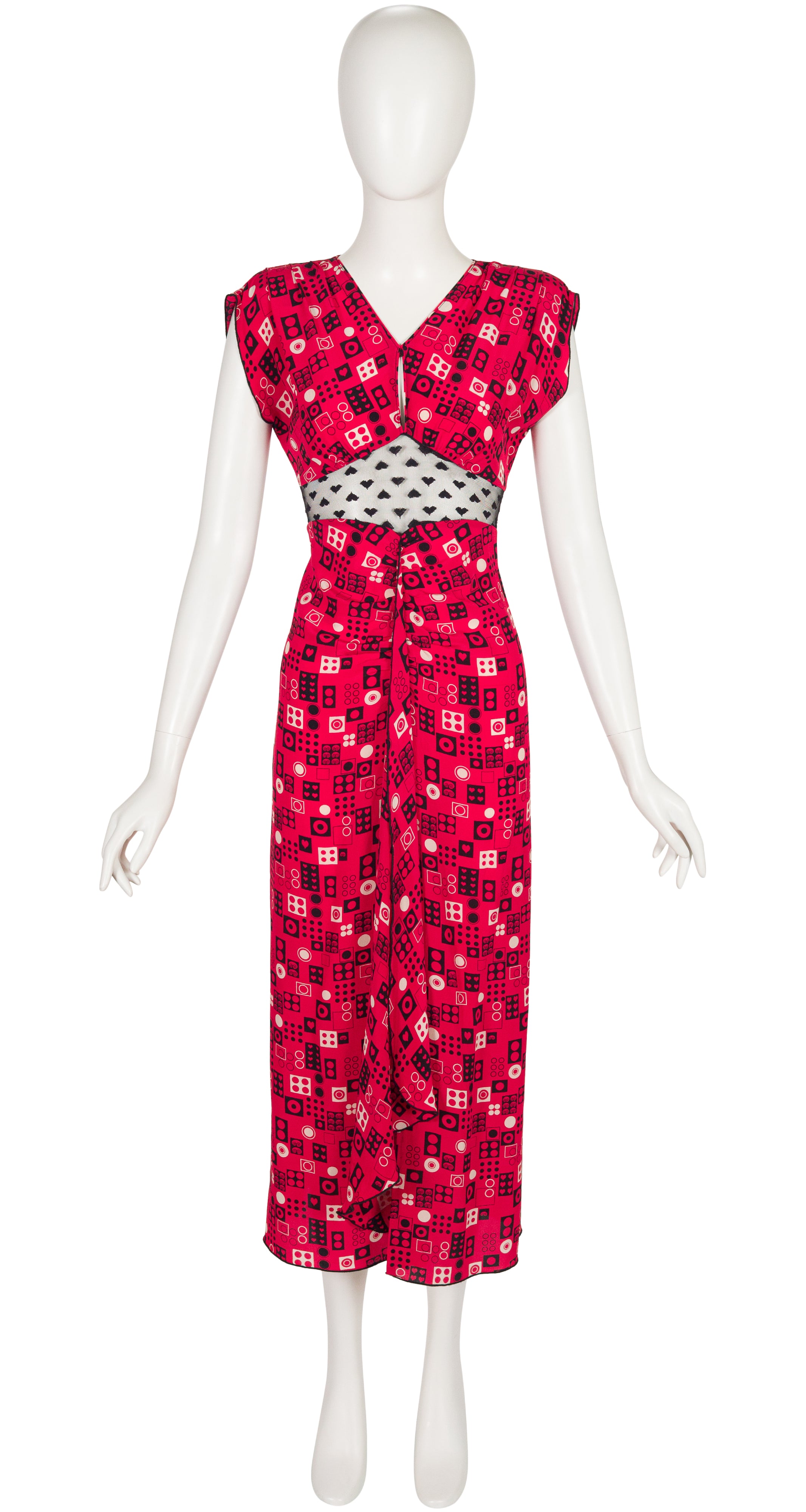2012 S/S Geometric Print Red Silk Heart Lace Inset Dress