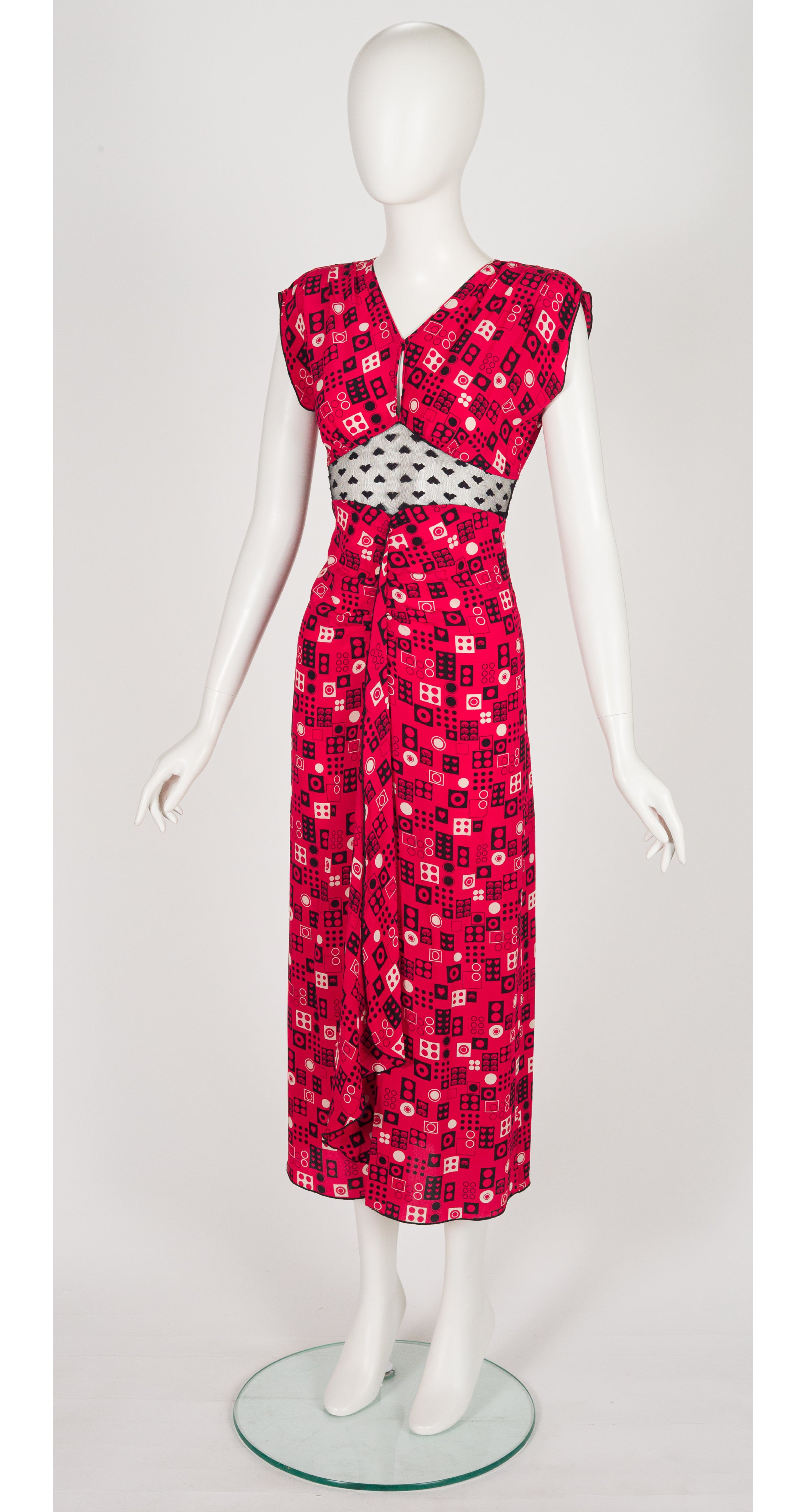 2012 S/S Geometric Print Red Silk Heart Lace Inset Dress