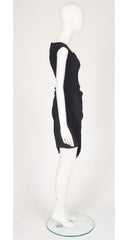1990s Black Crepe Draped Fringe Cocktail Mini Dress