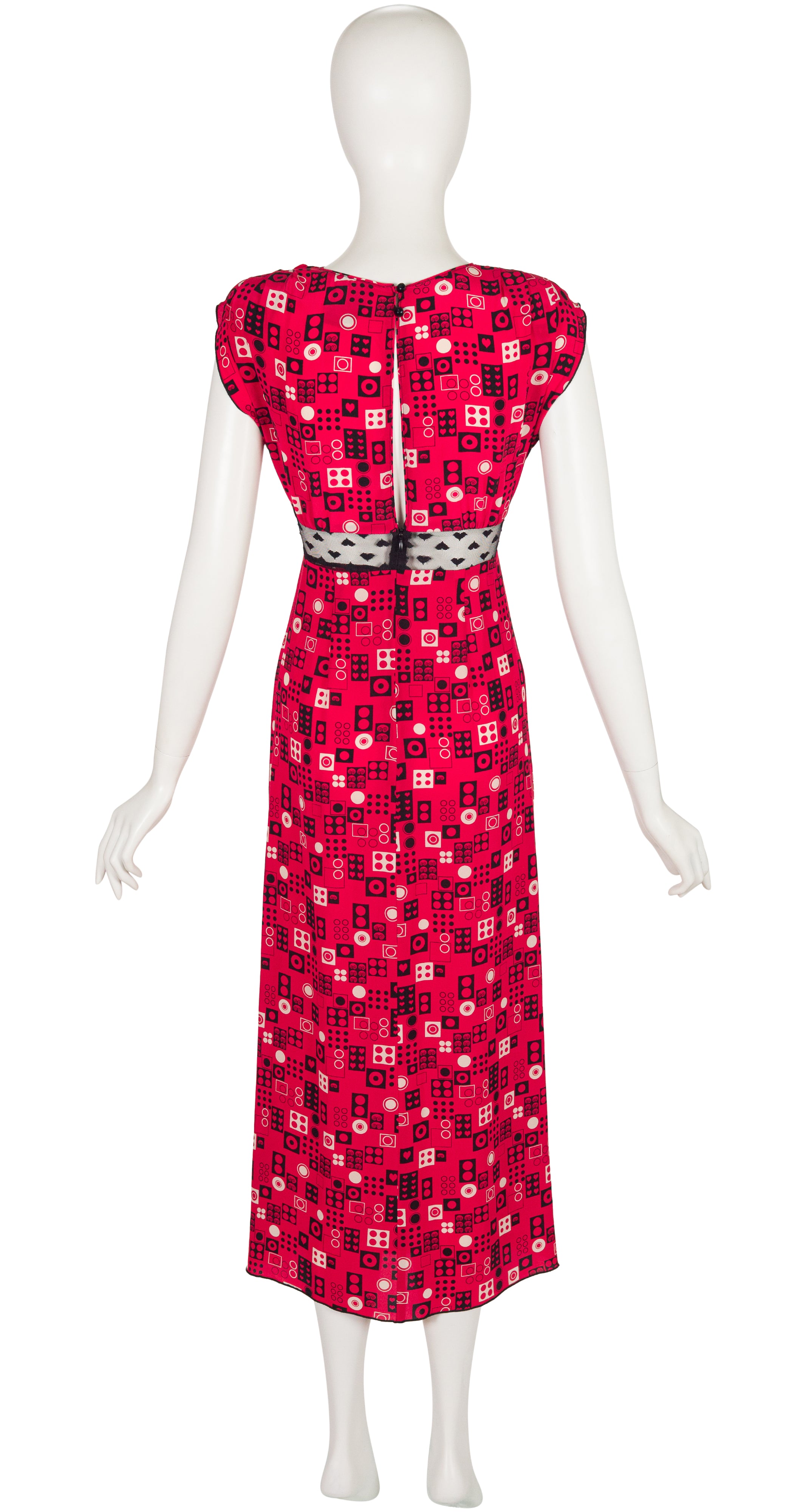 2012 S/S Geometric Print Red Silk Heart Lace Inset Dress