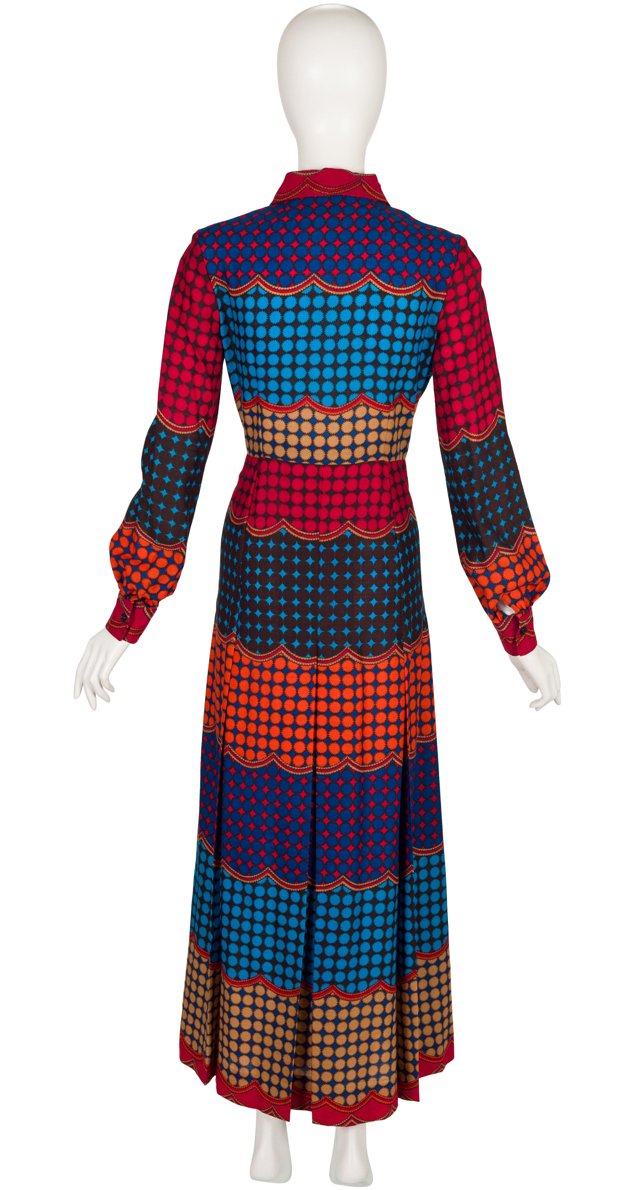 1970s Geometric Print Wool Challis Maxi Shirt Dress