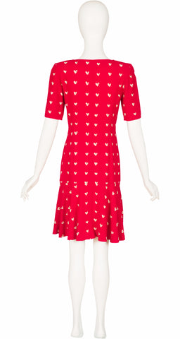 1990s Heart Print Red Crepe Drop-Waist Dress