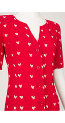 1990s Heart Print Red Crepe Drop-Waist Dress