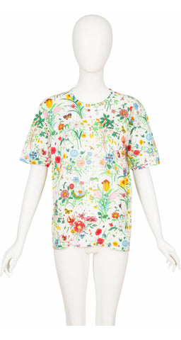 1970s "Flora" Print White Cotton Crew Neck T-Shirt