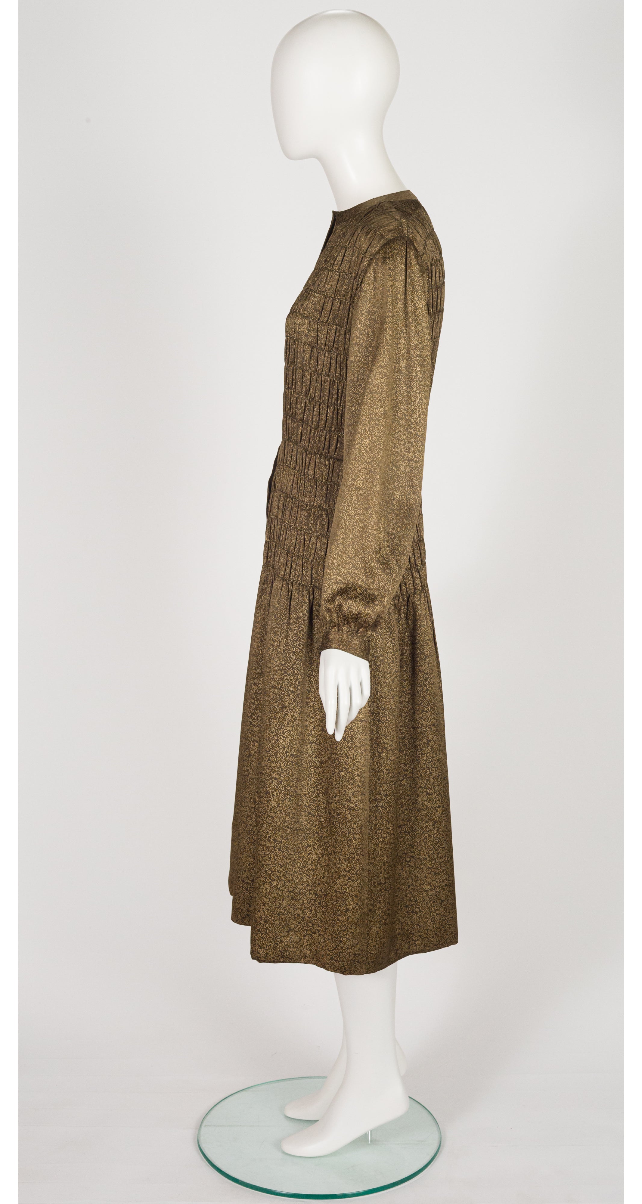 1978-79 F/W Gold Metallic Swirl Shirred Silk Midi Dress