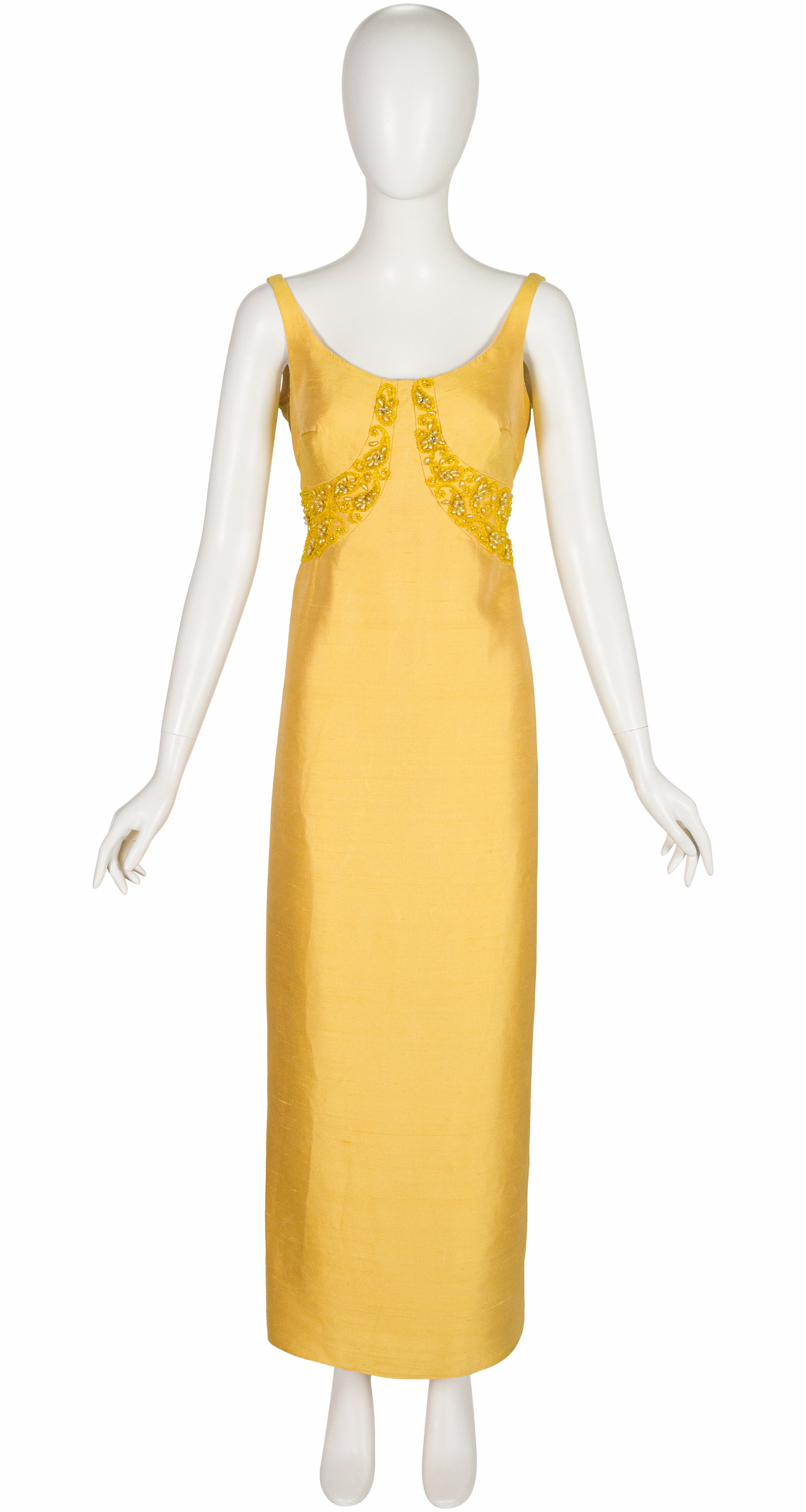 1960s Beaded Yellow Raw Silk Evening Gown