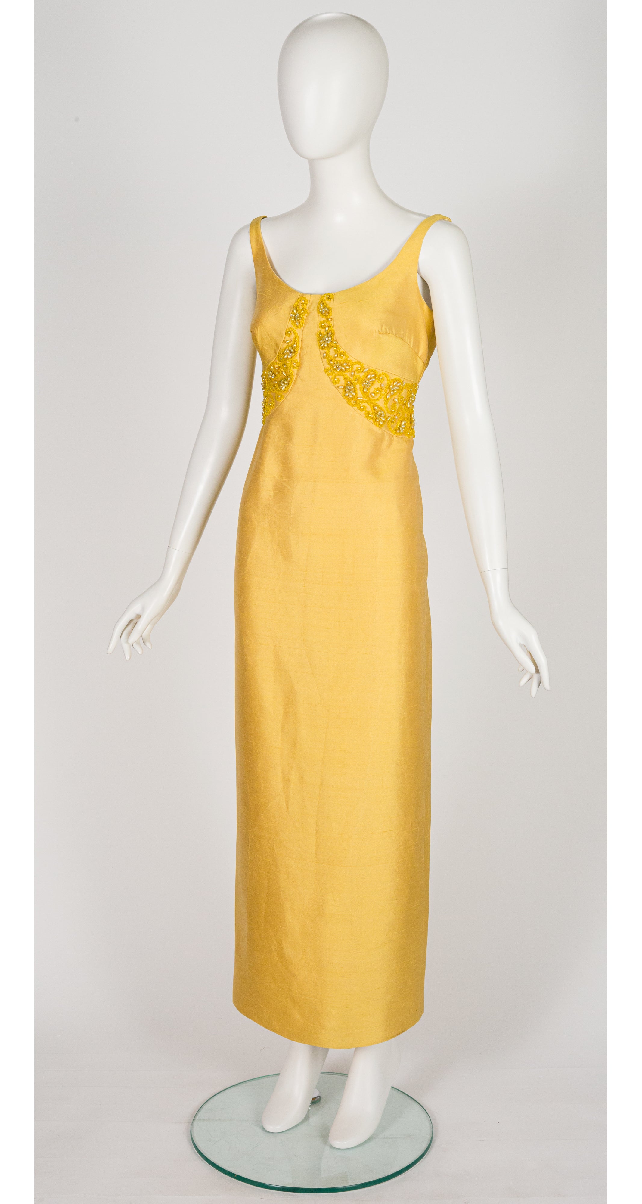 1960s Beaded Yellow Raw Silk Evening Gown