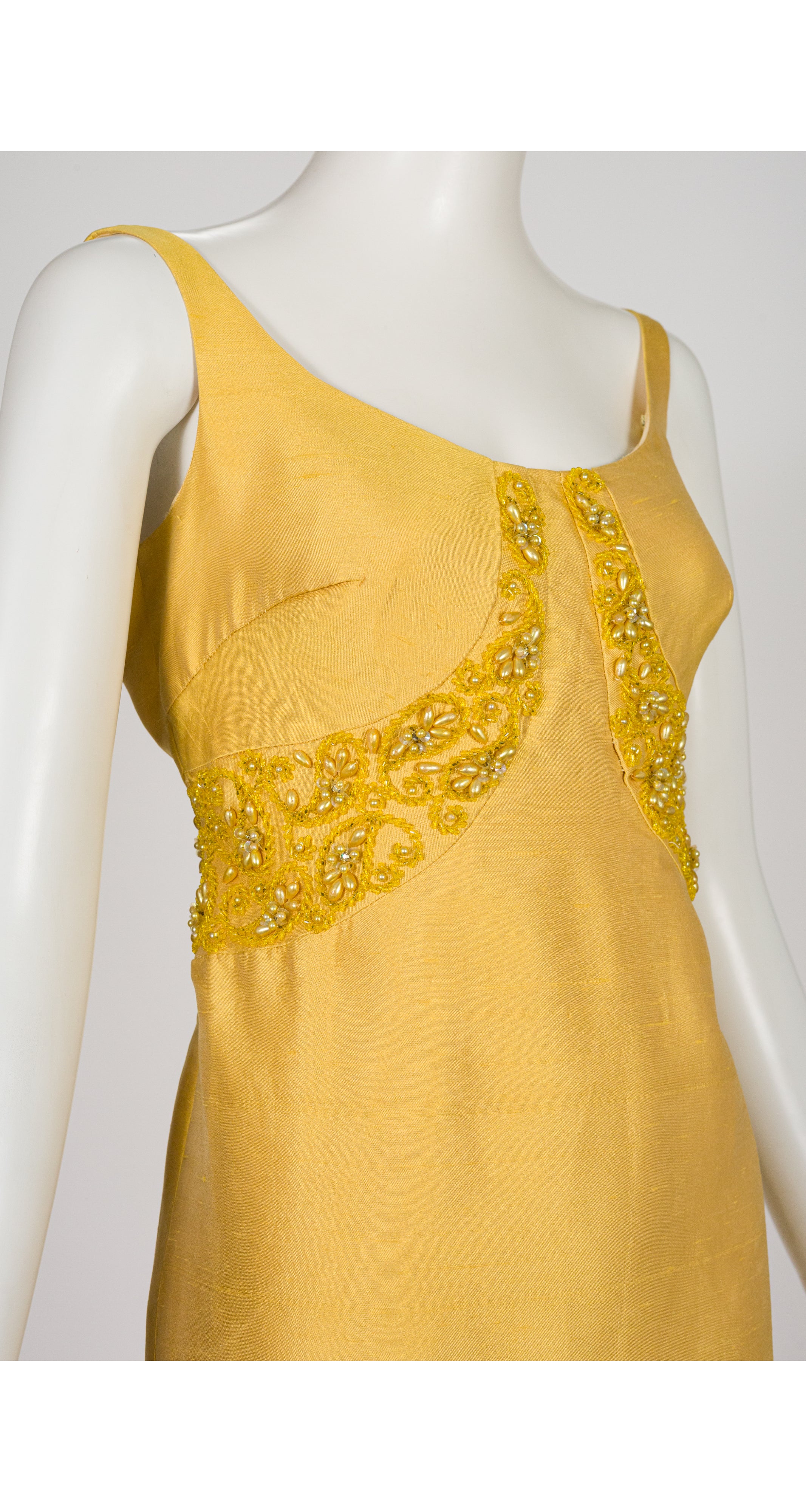1960s Beaded Yellow Raw Silk Evening Gown