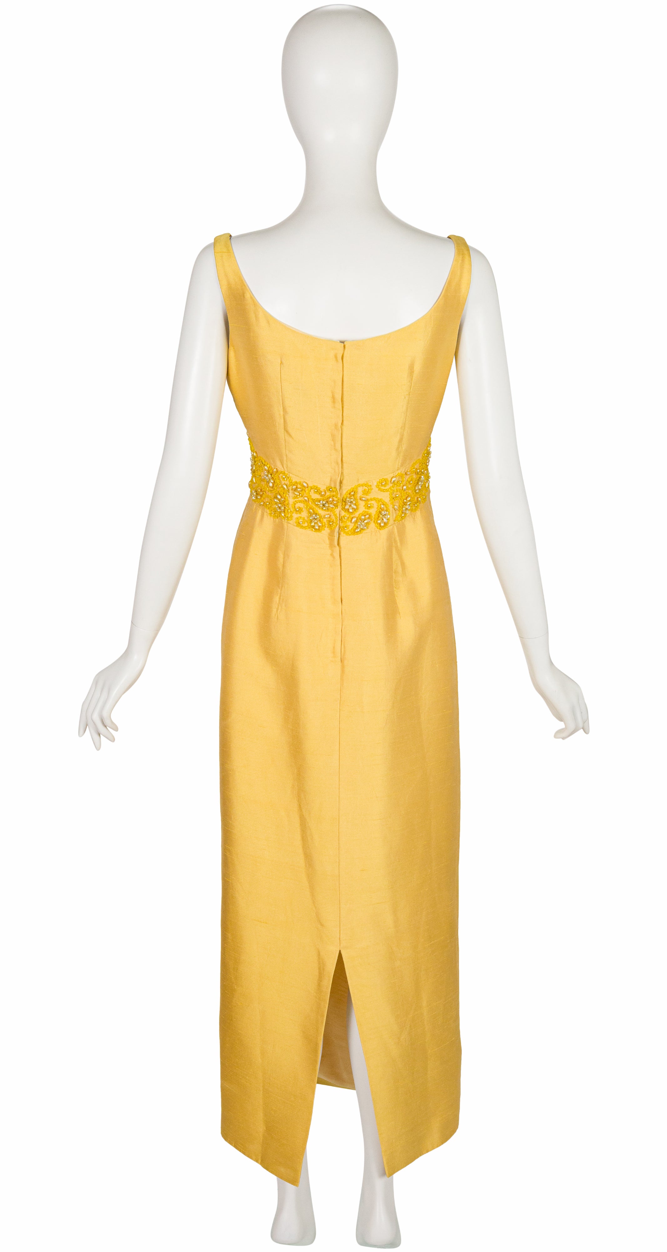 1960s Beaded Yellow Raw Silk Evening Gown