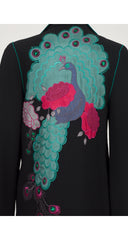 1970s Peacock Silk Applique Black Wool Crepe Jacket