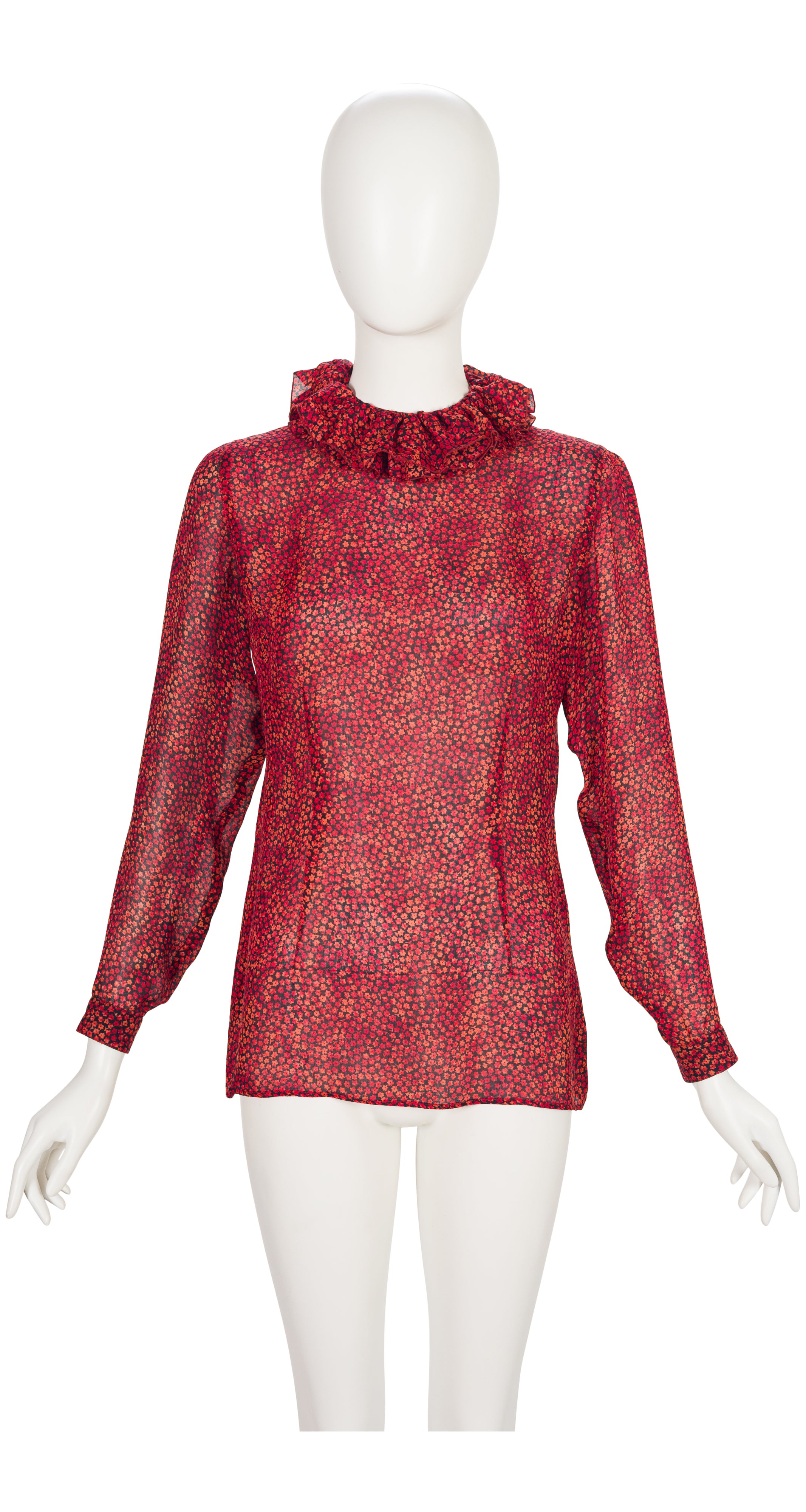 1980s Red Floral Silk Chiffon Pierrot Collar Blouse