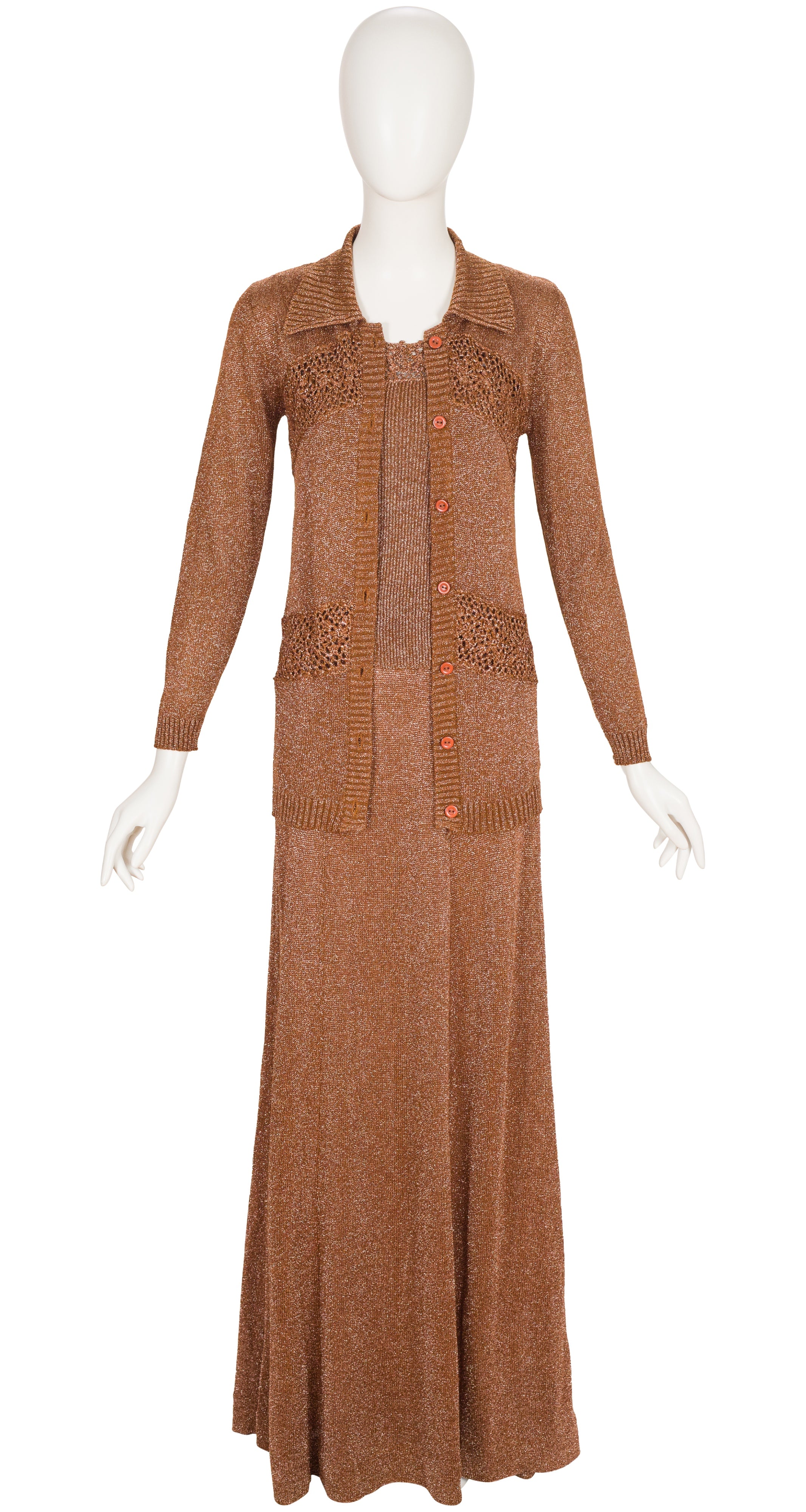 1970s Copper Lurex Knit Three-Piece Maxi Outfit