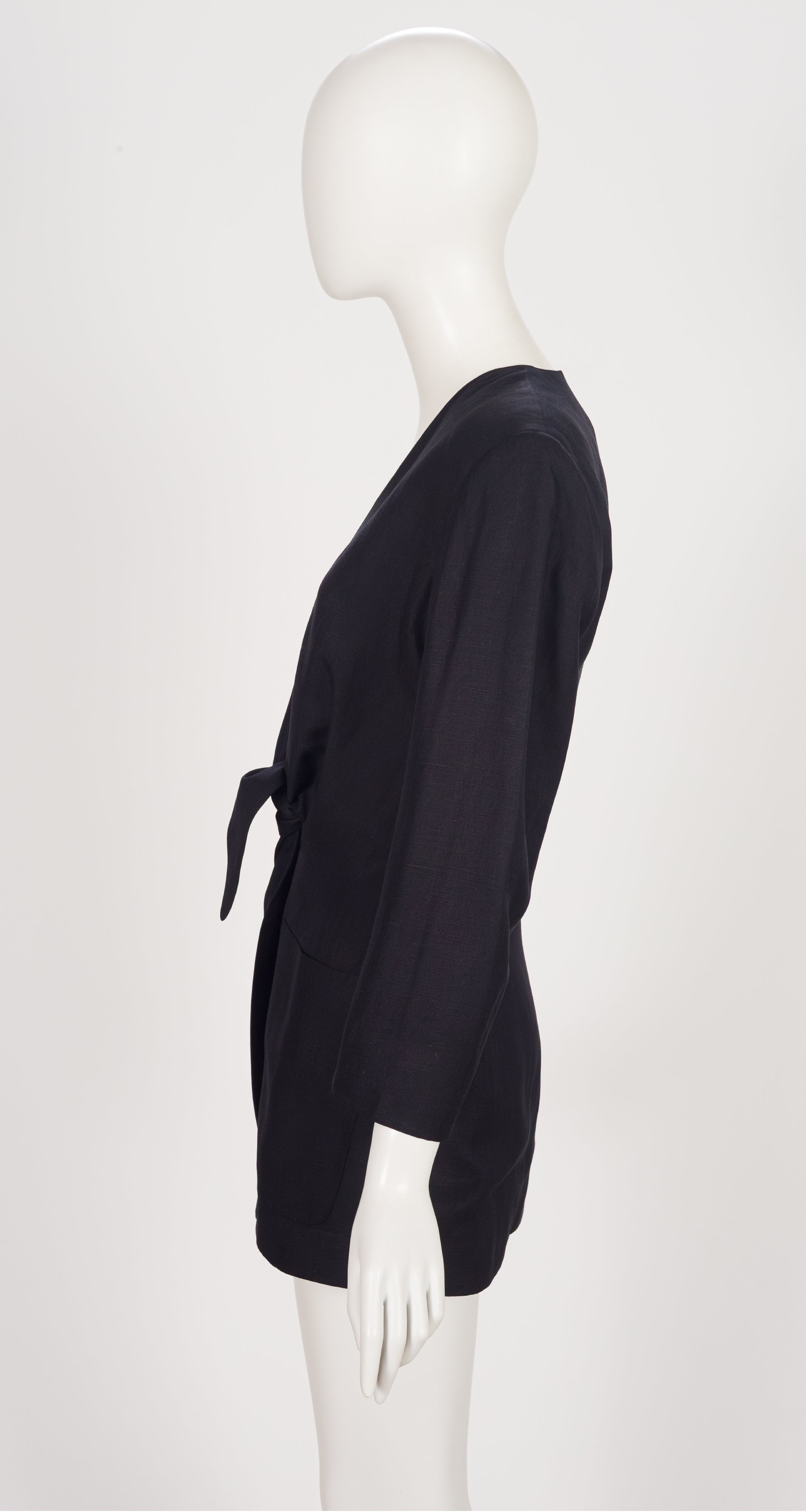 1990s Black Silk & Linen Plunge Neck Blazer
