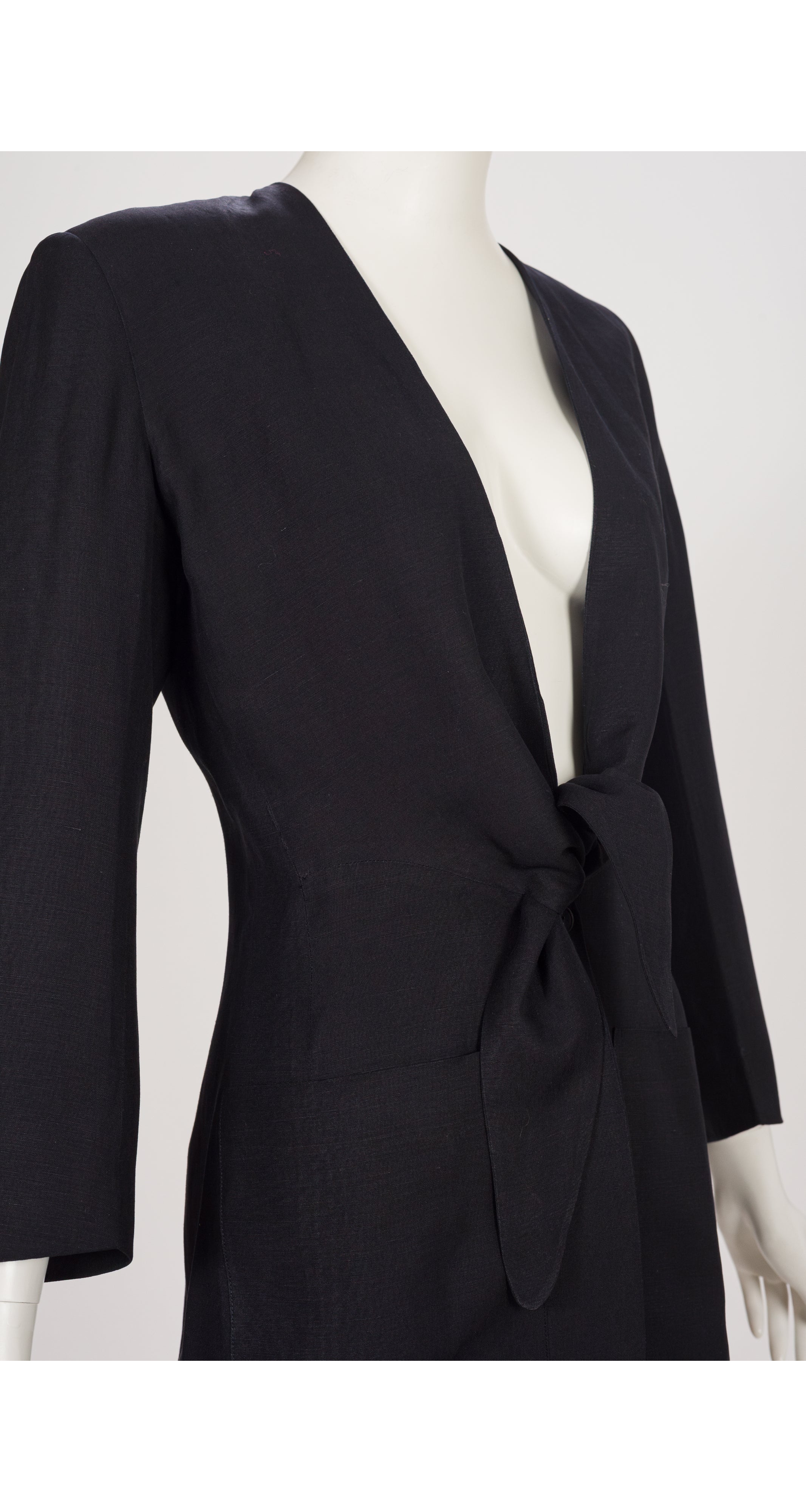 1990s Black Silk & Linen Plunge Neck Blazer