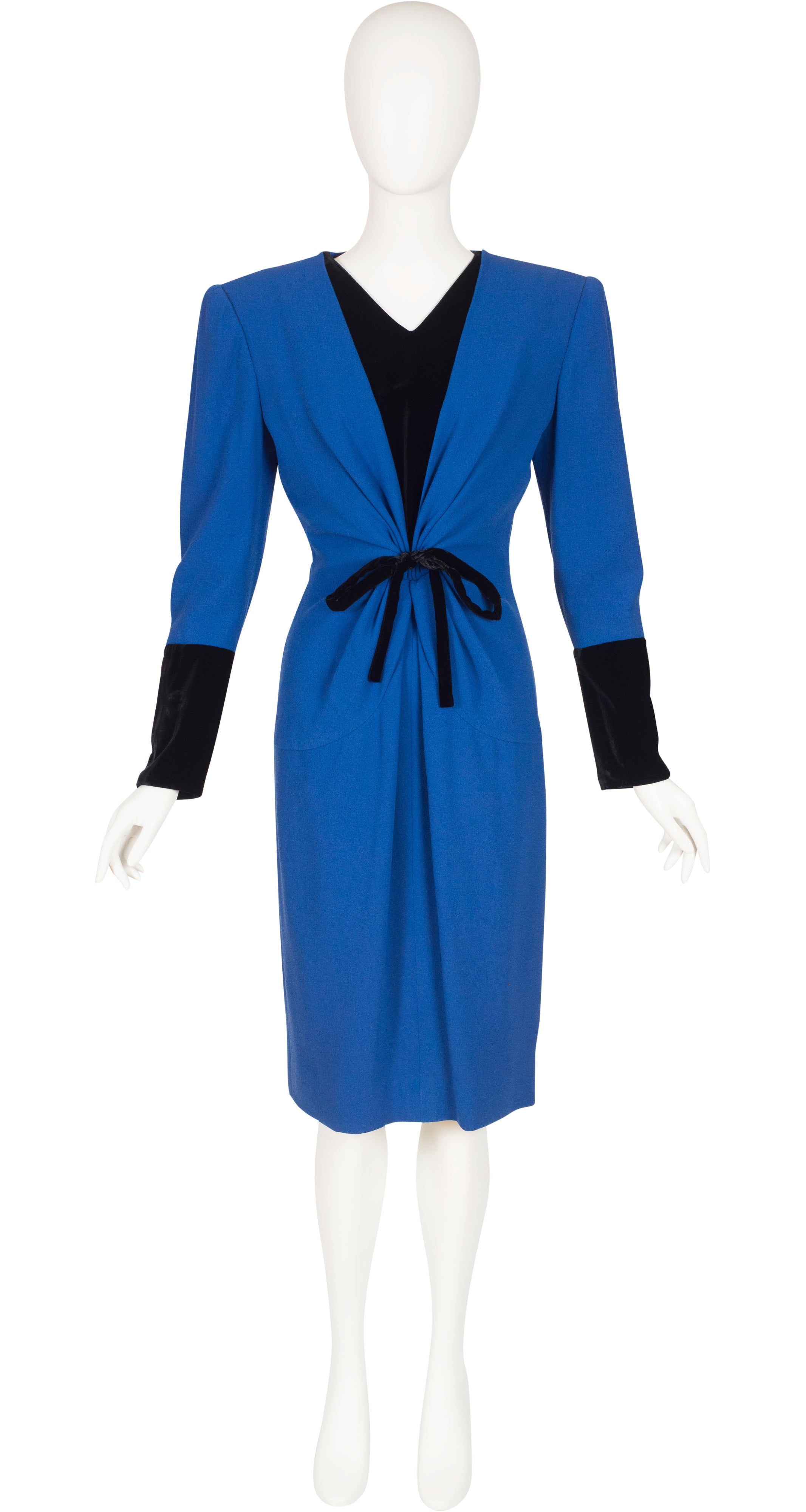 1980s Blue Wool Crepe & Black Velvet Evening Dress