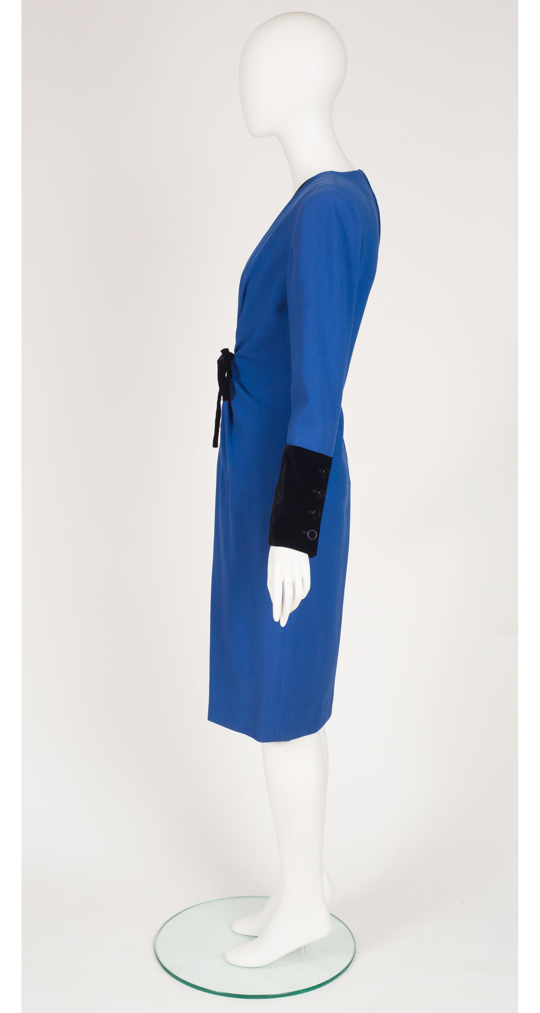 1980s Blue Wool Crepe & Black Velvet Evening Dress