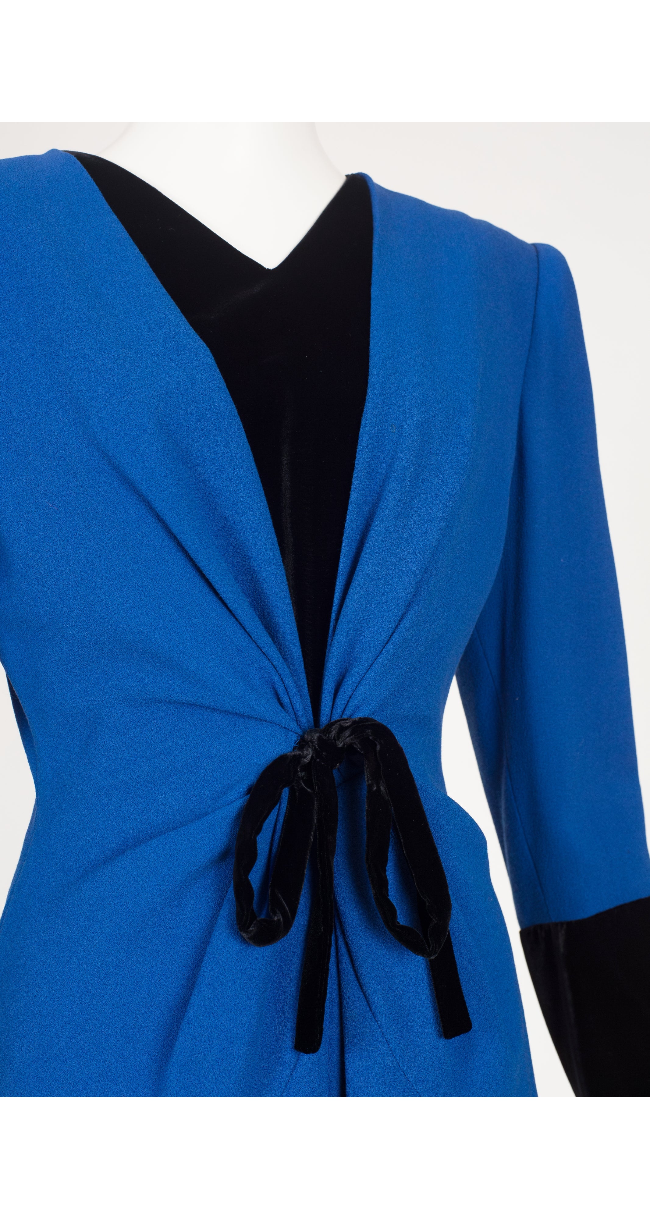 1980s Blue Wool Crepe & Black Velvet Evening Dress
