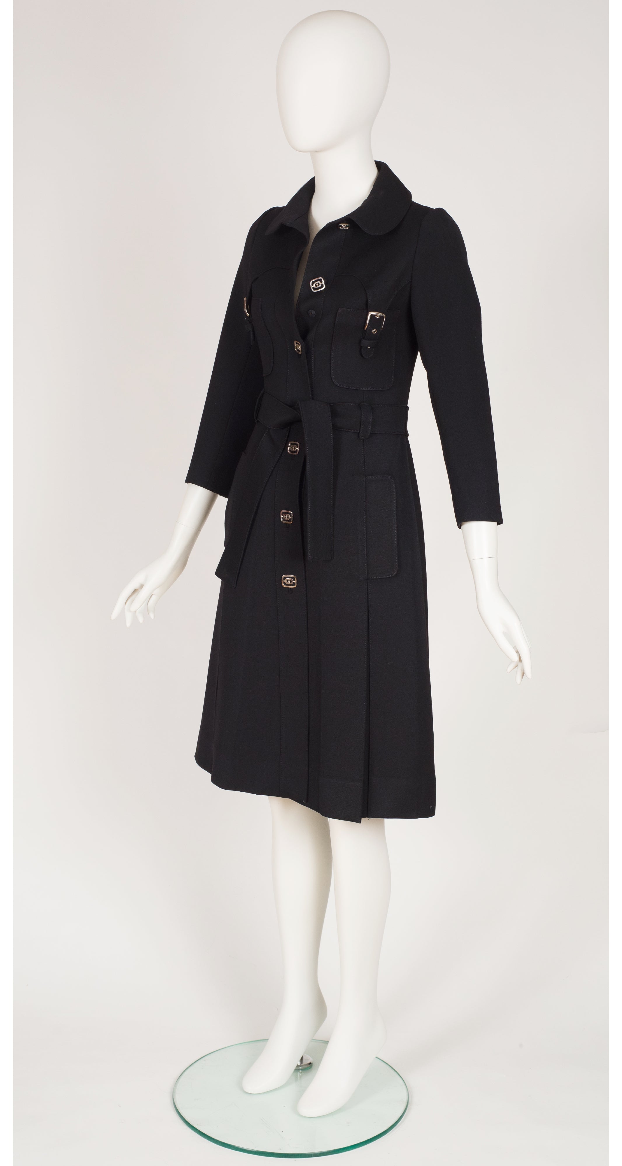 1970s Black Wool Gabardine Pleated Belted Coat