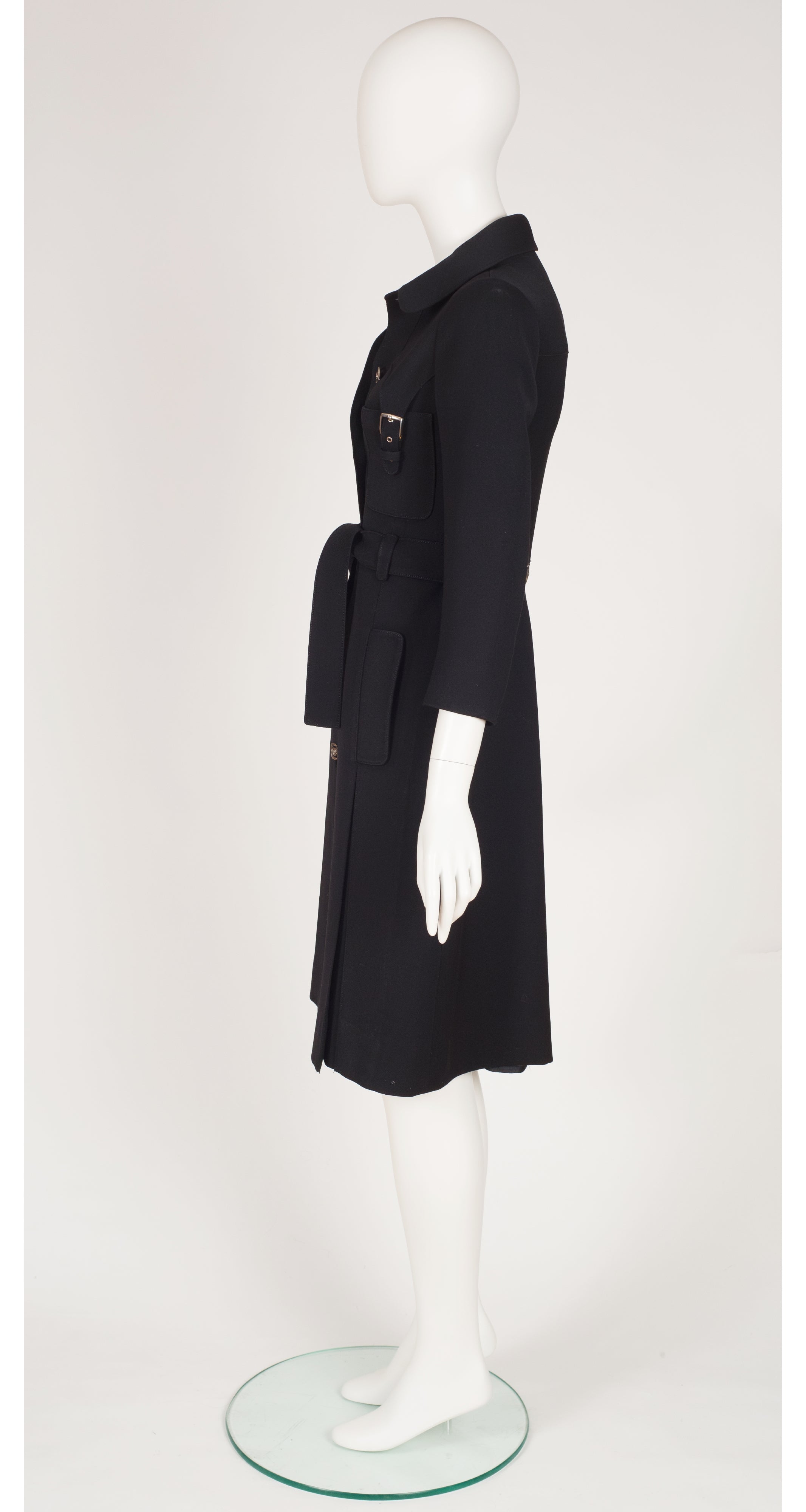 1970s Black Wool Gabardine Pleated Belted Coat