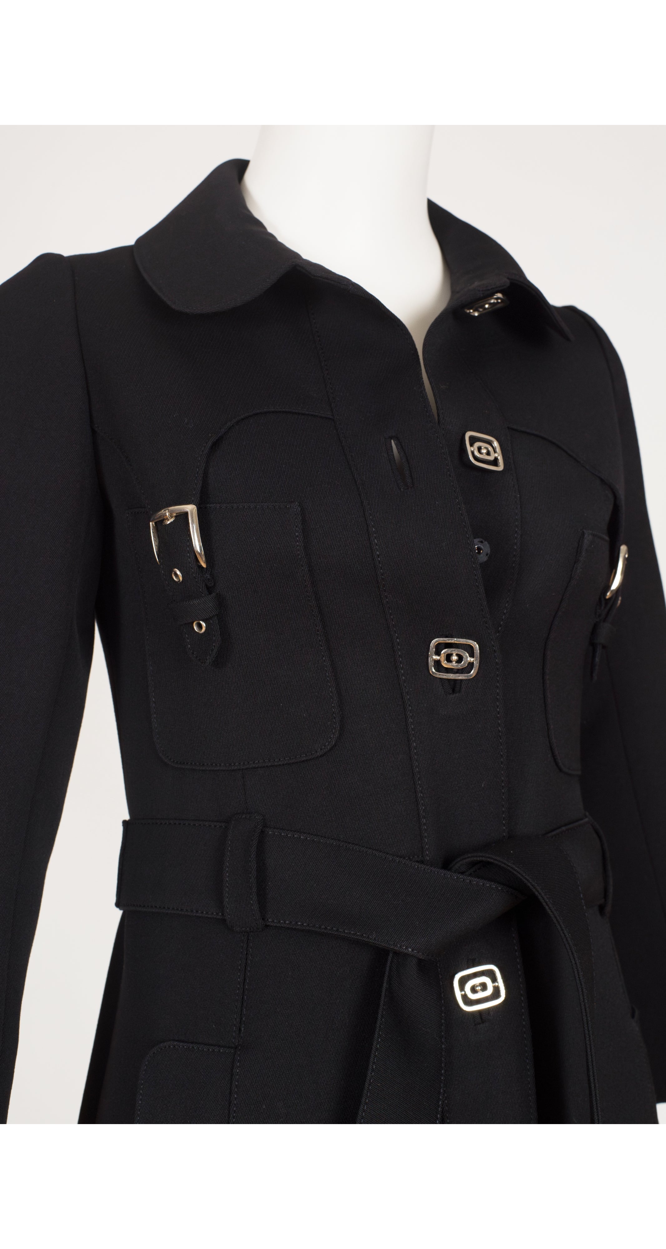 1970s Black Wool Gabardine Pleated Belted Coat