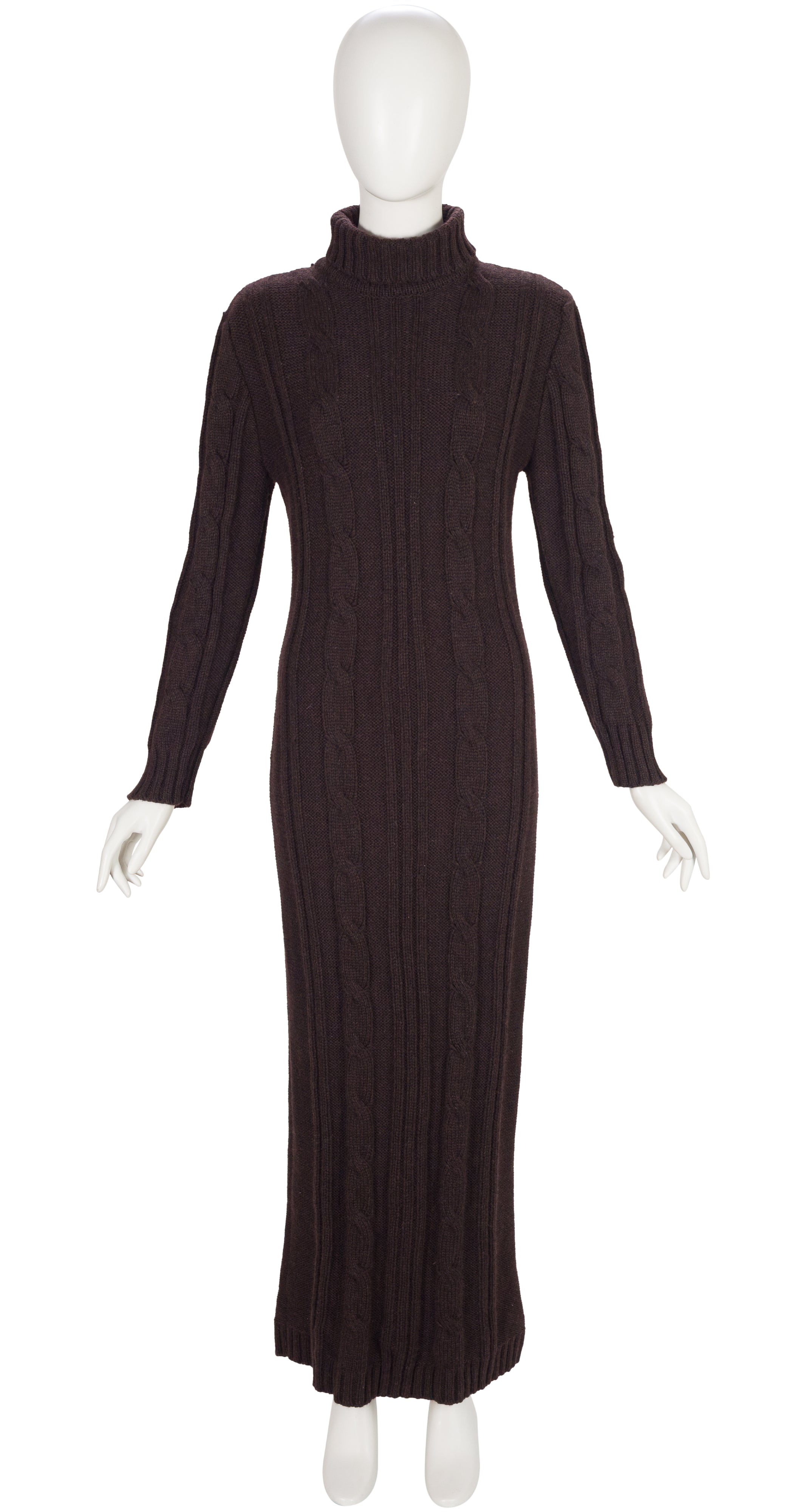 2001-02 F/W Brown Merino Wool Cable Knit Turtleneck Maxi Dress