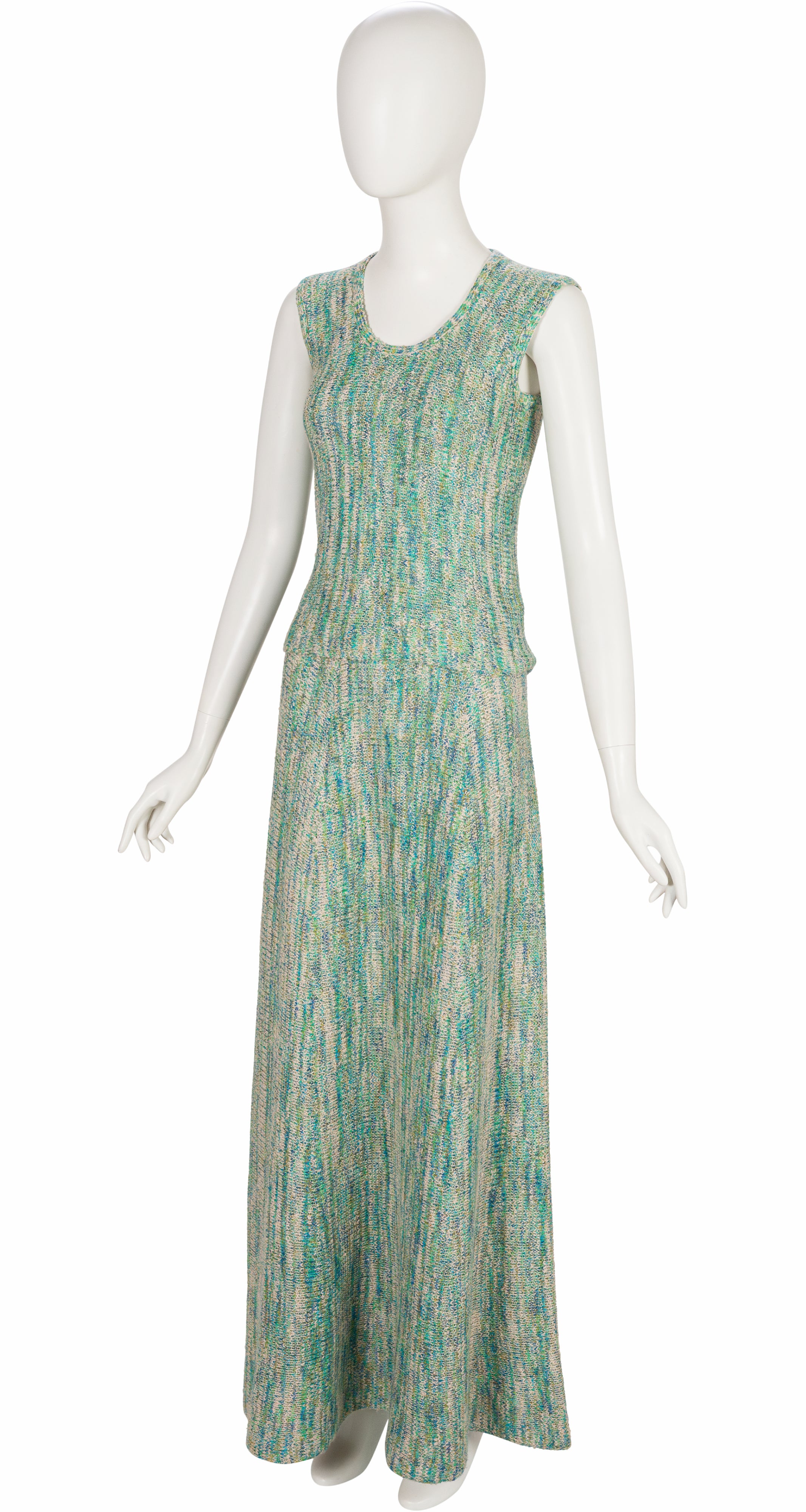 1970s Blue & Green Knit Three-Piece Maxi Outfit