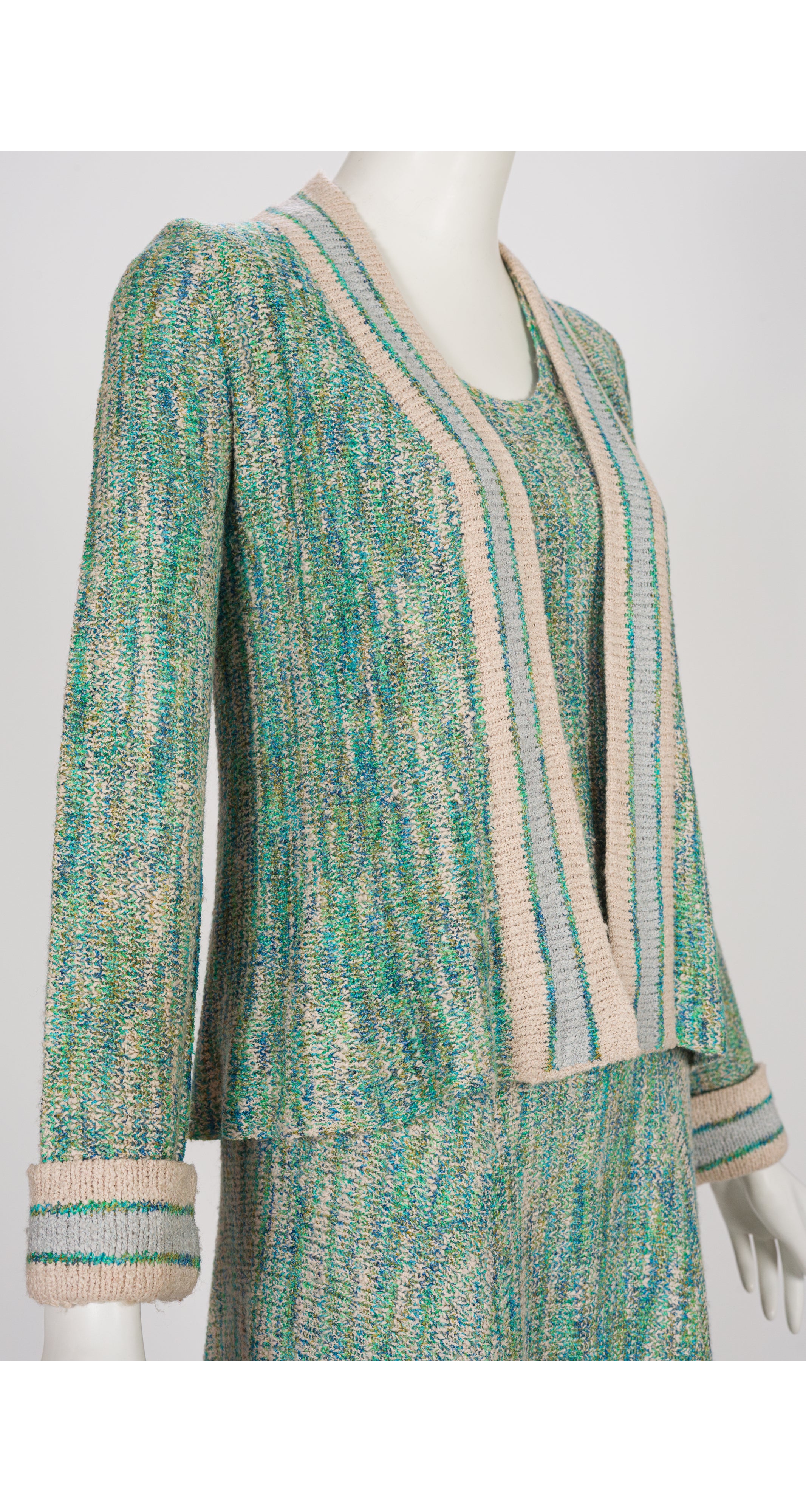 1970s Blue & Green Knit Three-Piece Maxi Outfit