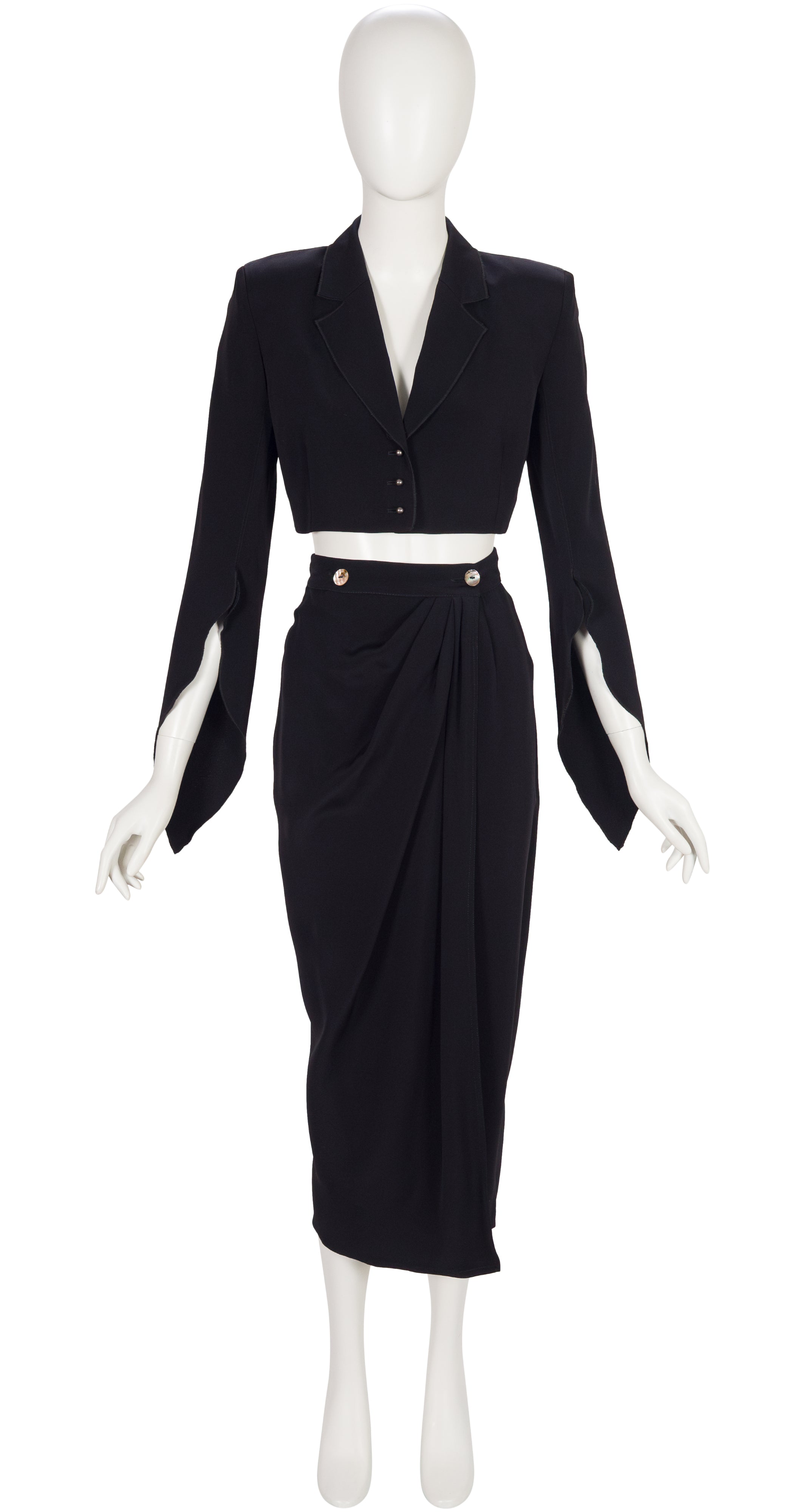 1990s Black Faille Cropped Jacket & Draped Skirt Set