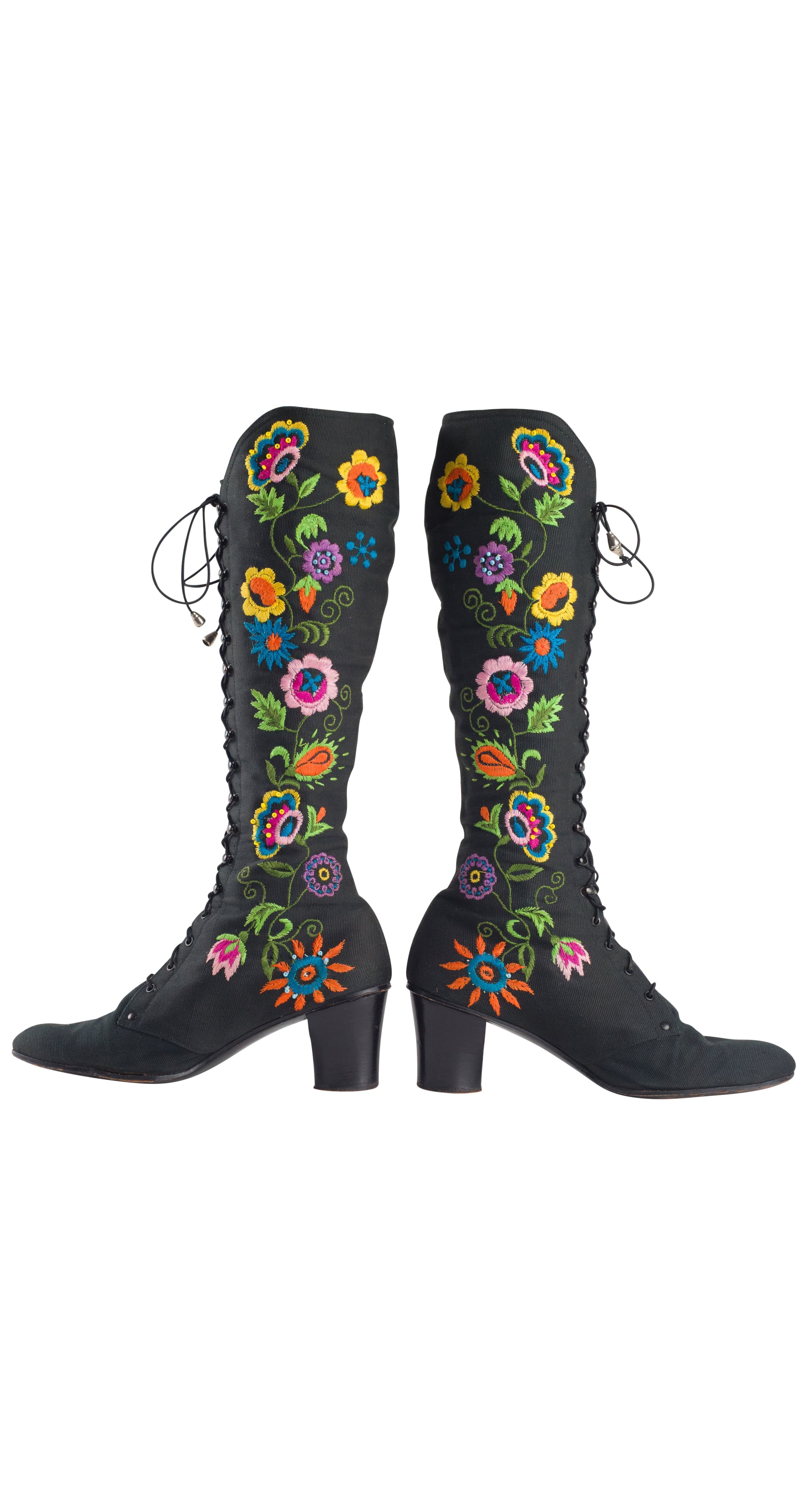 1970s Floral Embroidered Black Canvas Lace-Up Boots